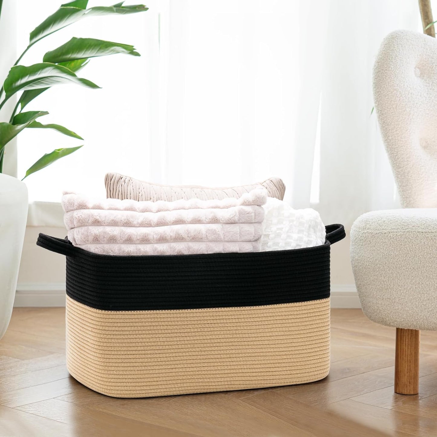 Goodpick Woven Basket for Storage 65L, Blanket Basket for Living Room Home Décor ,Rectangle Rope Laundry Basket with Handles Large Toy Storage Basket for Baby, Kids, 21.6" x 14.9" x 11.8"