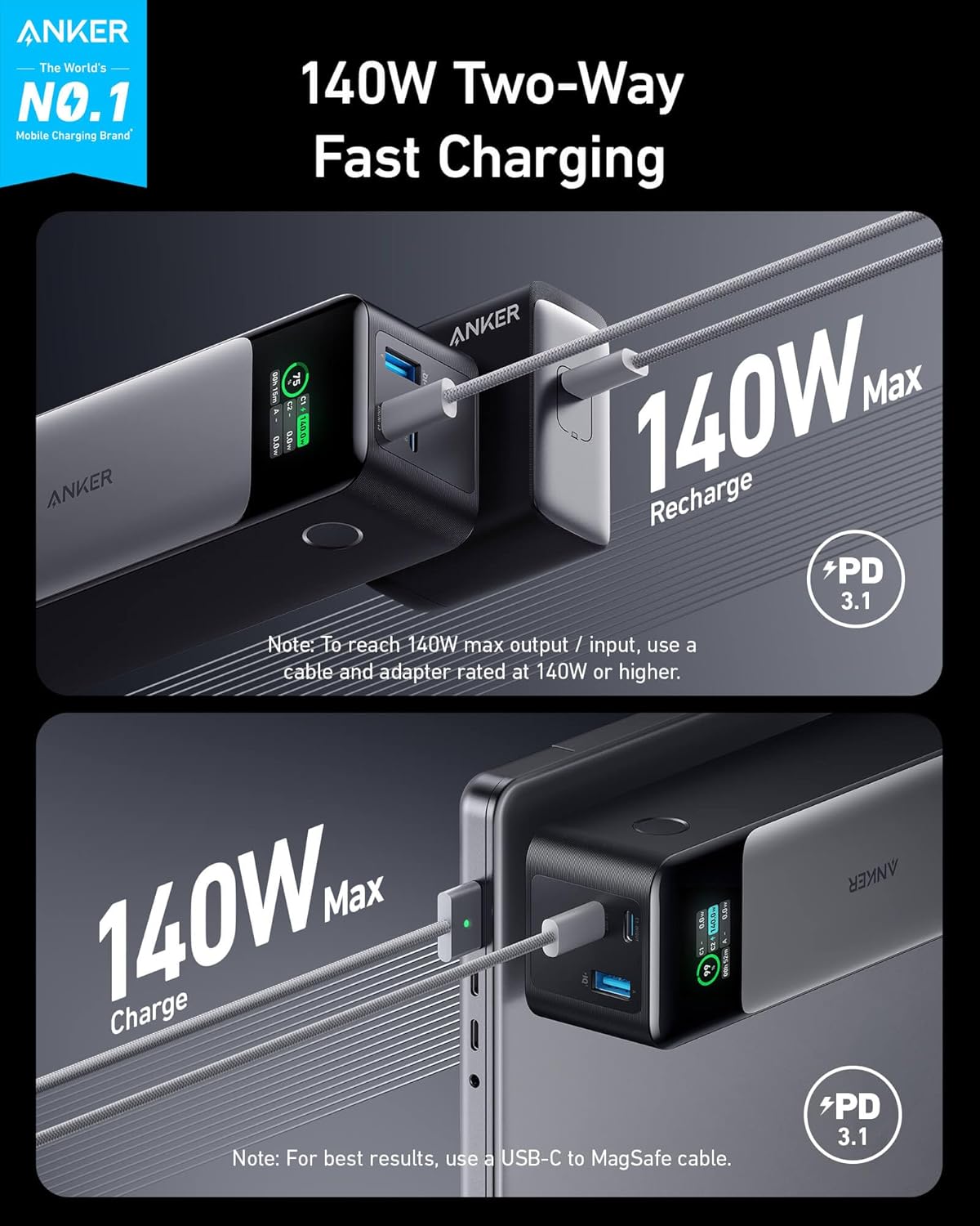 Anker Power Bank, 24,000 mAh 3-Port Portable Charger with 140W Output, Smart Digital Display, Compatible with iPhone 15/15 Plus/15 Pro/15 Pro Max, iPhone 14/13 Series, Samsung, MacBook, Dell, AirPods