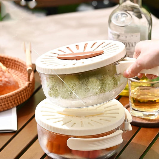 Fruit Vegetable Draining Bowl, Kitchen Strainer with Foldable Handle, Lid, Drain Tray, Rotating Fruit and Vegetable Washing Colander for Salad Mixing, Fruit Washing (White) - PuriLite