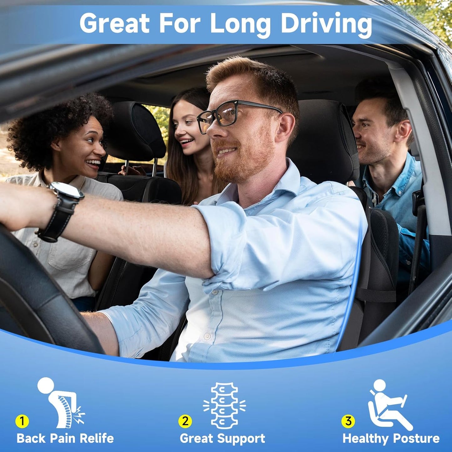 Lumbar Support Pillow for Office Chair Car Sitting Posture Back Support Memory Foam Back Cushion for Driving, Lumbar Comfort for Long Sitting, Truck with Three Adjustable Straps