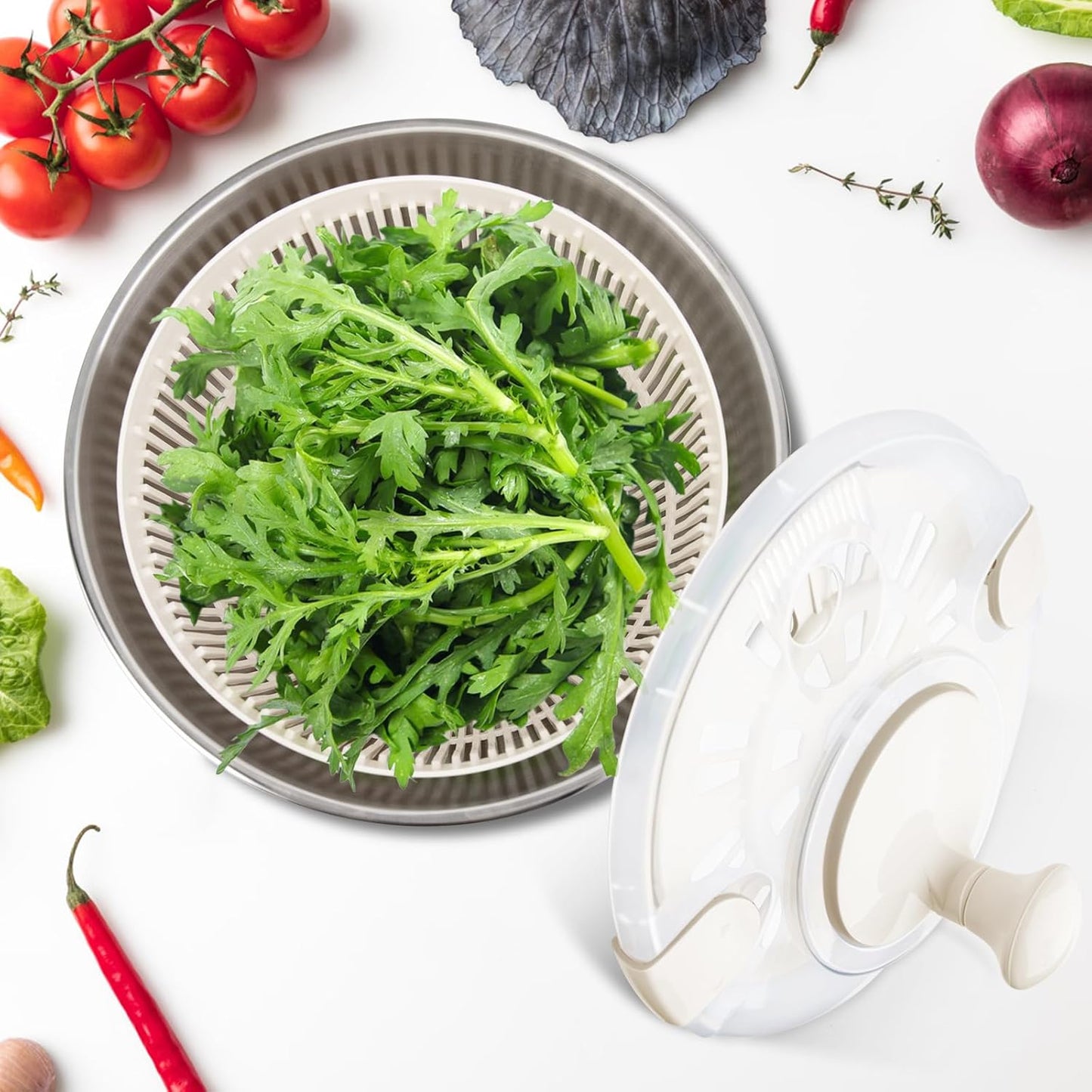 RAINBEAN Salad Spinner Stainless Steel Large, Multi-Use Lettuce Spinner Wash Spin and Dry Fruits and Vegetables with Drain Bowl Colander Spinner (5 Qt)