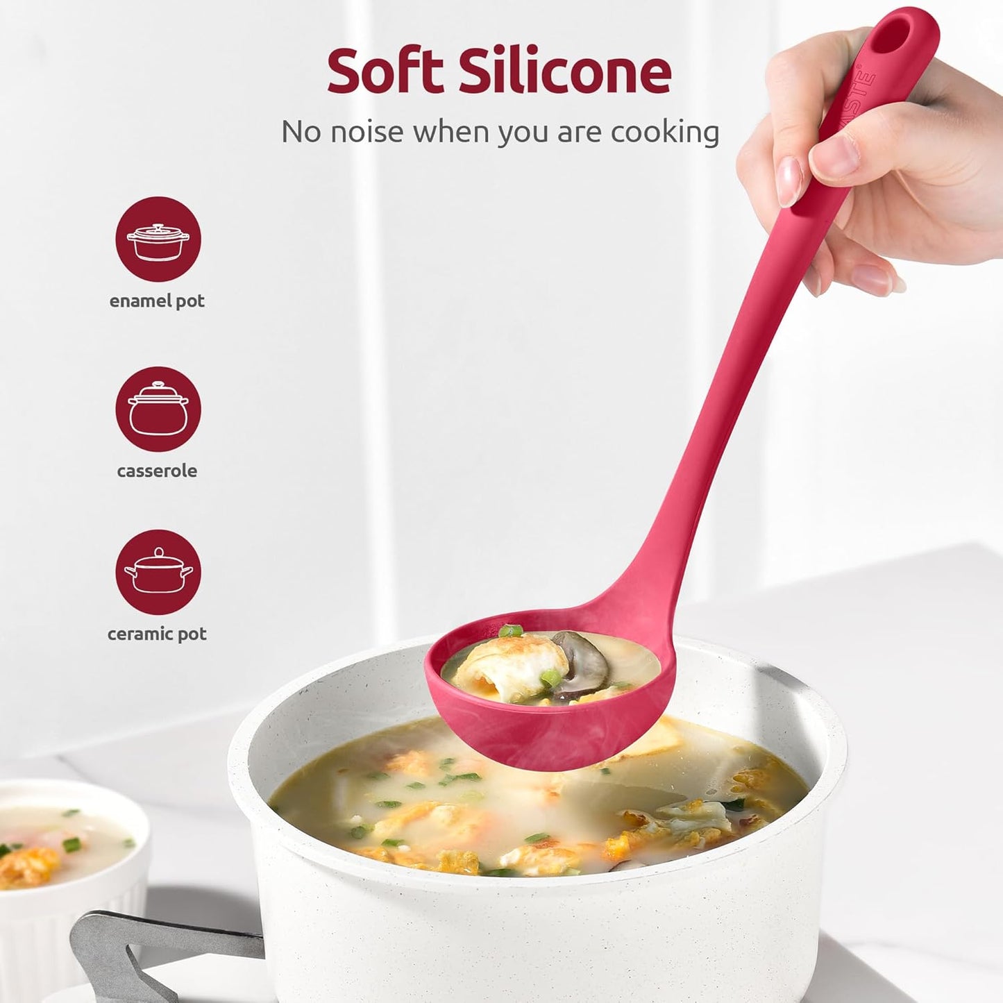 13 inch Silicone Soup Ladle: U-Taste 600ºF Heat Resistant 4 oz Large Non-Stick Seamless Rubber Kitchen Deep Serving Spoon with Non-Slip Solid Long Handle for Cooking Sauce/Stews/Gravies/Chili(Purple)