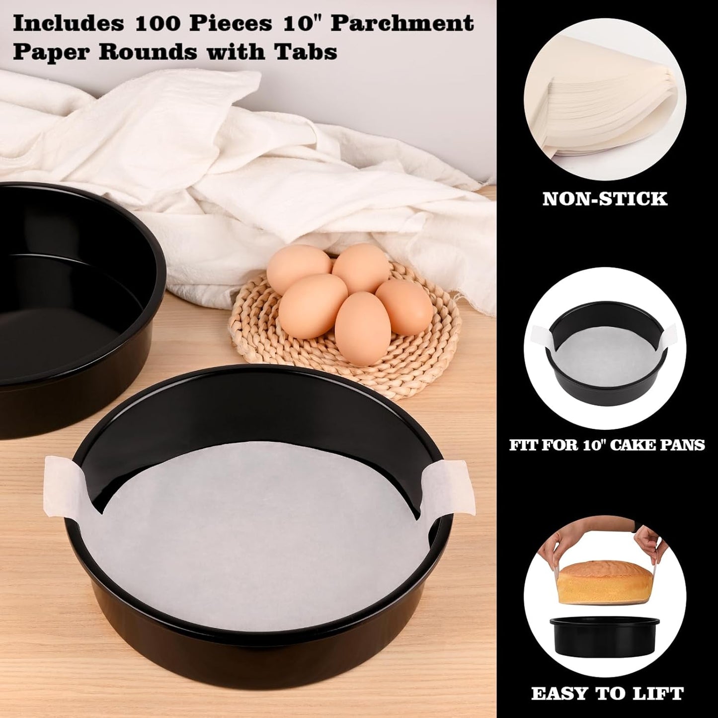 Purilite Select 3-Pack 8-Inch High Carbon Steel Cake Pans with 100 Parchment Papers