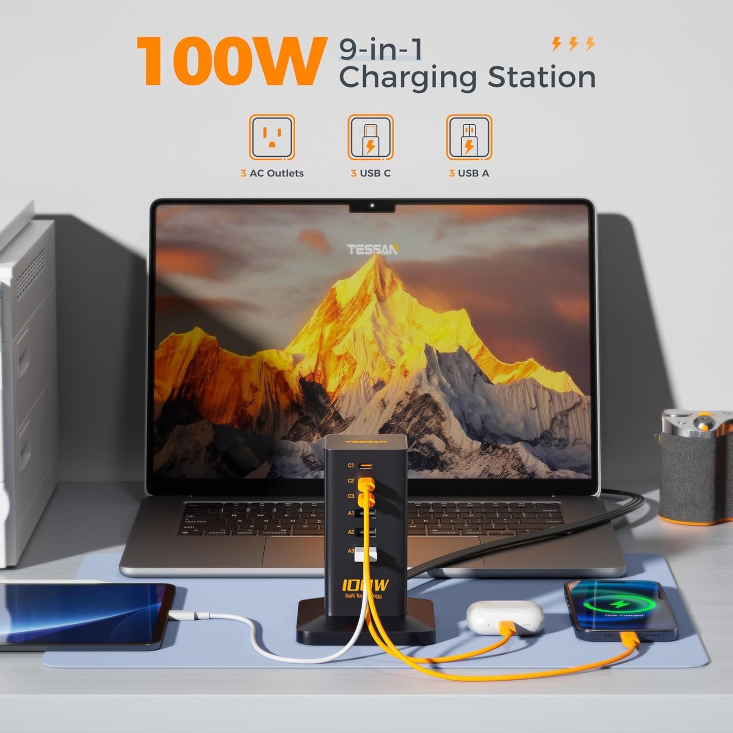 Charging Station, TESSAN 65W Max GaN USB C Charger Block, 6-Ports and 3 AC Outlets Power Tower, Fast Charging for Multiple Devices, Compatible with iPhone, Samsung and More