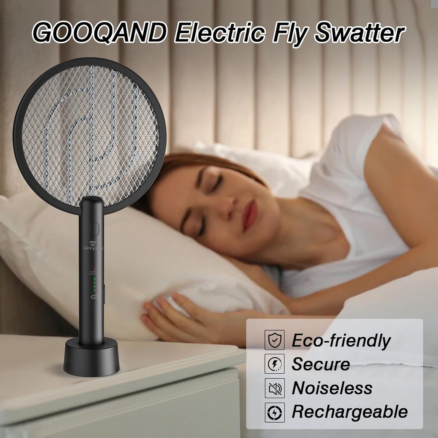 Gooqand Bug Zapper Racket, 2 in 1 Electric Fly Swatte with 3 Layer Safety Mesh, 4000V Fly Zapper with USB Rechargeable, Indoor Outdoor Fly Racket for Bedroom, Kitchen, Camping