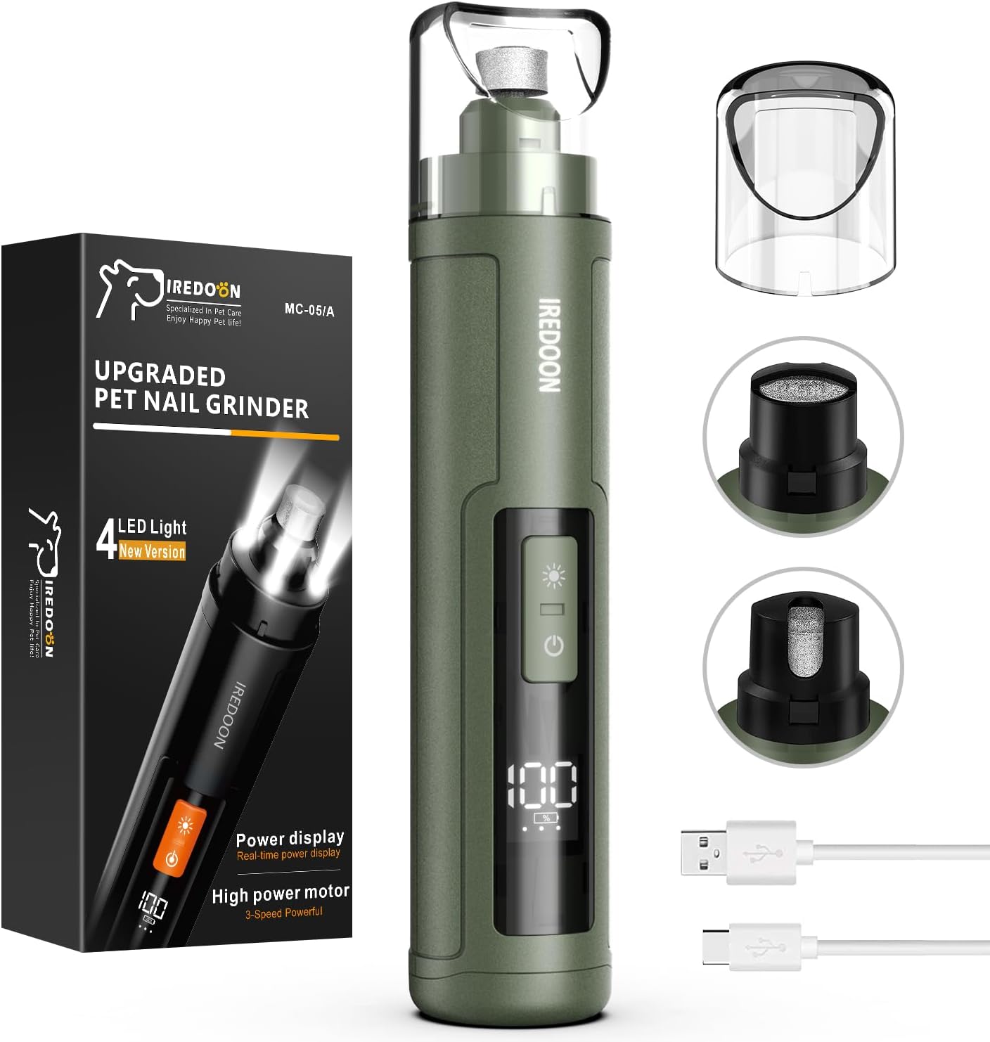 IREDOON Dog Nail Grinder Upgraded - Professional 3-Speed Super Quiet and Low Vibration Electric Pet Nail Grinder with 4 LED Lights - Painless Paws Grooming & Smoothing for Small to Large Dogs (Black)