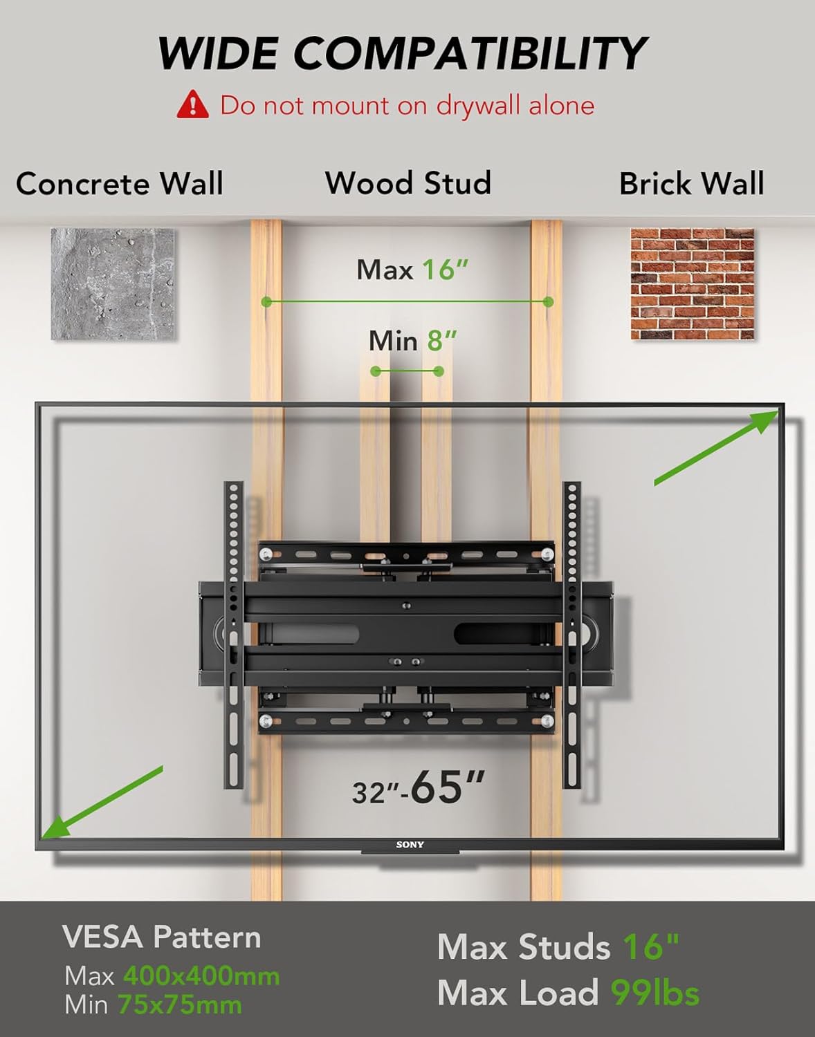 TV Wall Mount Bracket for 32-85 Inch TVs Full Motion Dual Articulating Arm with Swivel & Tilt, Max VESA 600x400mm, Supports 132 lbs for LCD/LED/OLED Flat & Curved Screens
