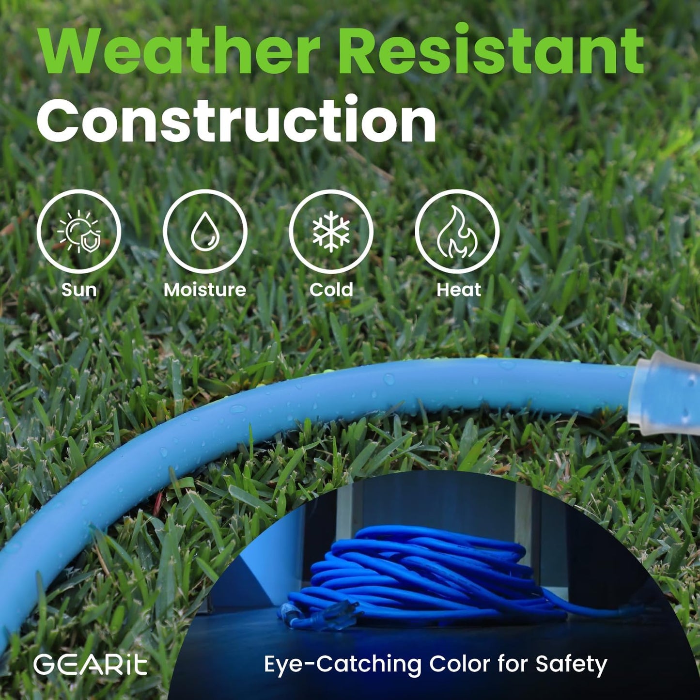 GEARit Outdoor 14 AWG Gauge 3 Prong Plug, Extension Cord, Ultra Heavy Duty SJEOW, 14/3, for Indoor/Outdoor, LED Lighted Plug, Resistant Rubber Jacket, Extreme Weather, 100 Feet, Blue