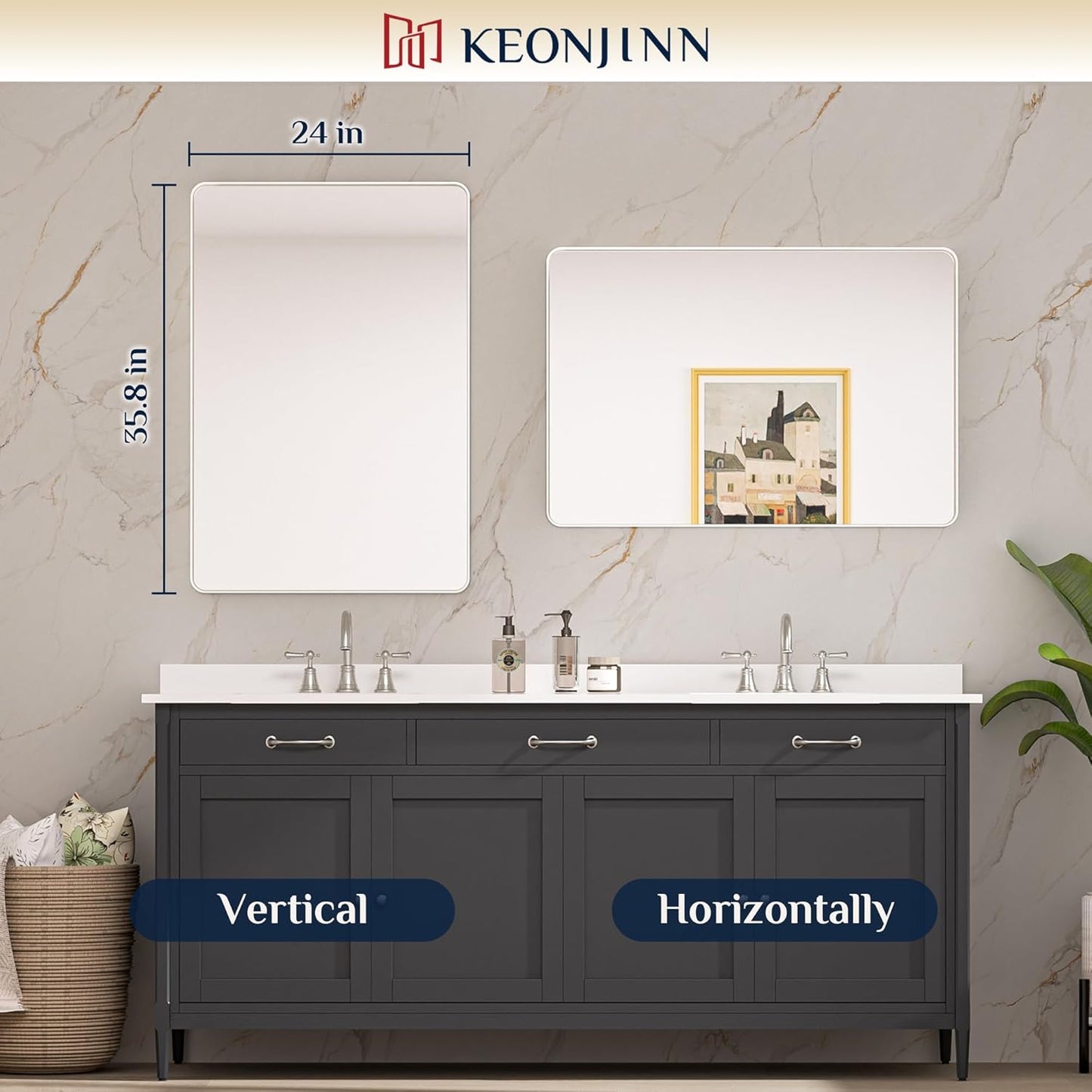 Keonjinn 42 x 36 Brushed Nickel Bathroom Vanity Mirror, Large Rounded Rectangle Bathroom Mirrors for over Sink, Metal Framed Silver Mirror for Wall, Shatterproof HD Tempered Glass(Horizontal/Vertical)