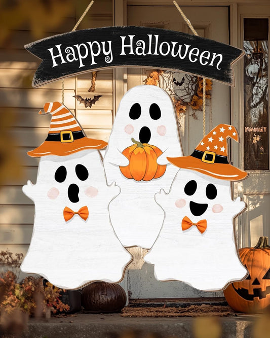 Wooden Halloween Wreath - Ghost Door Decor Hanging Sign for Home Wall Decor & Party Indoor/Outdoor Supply