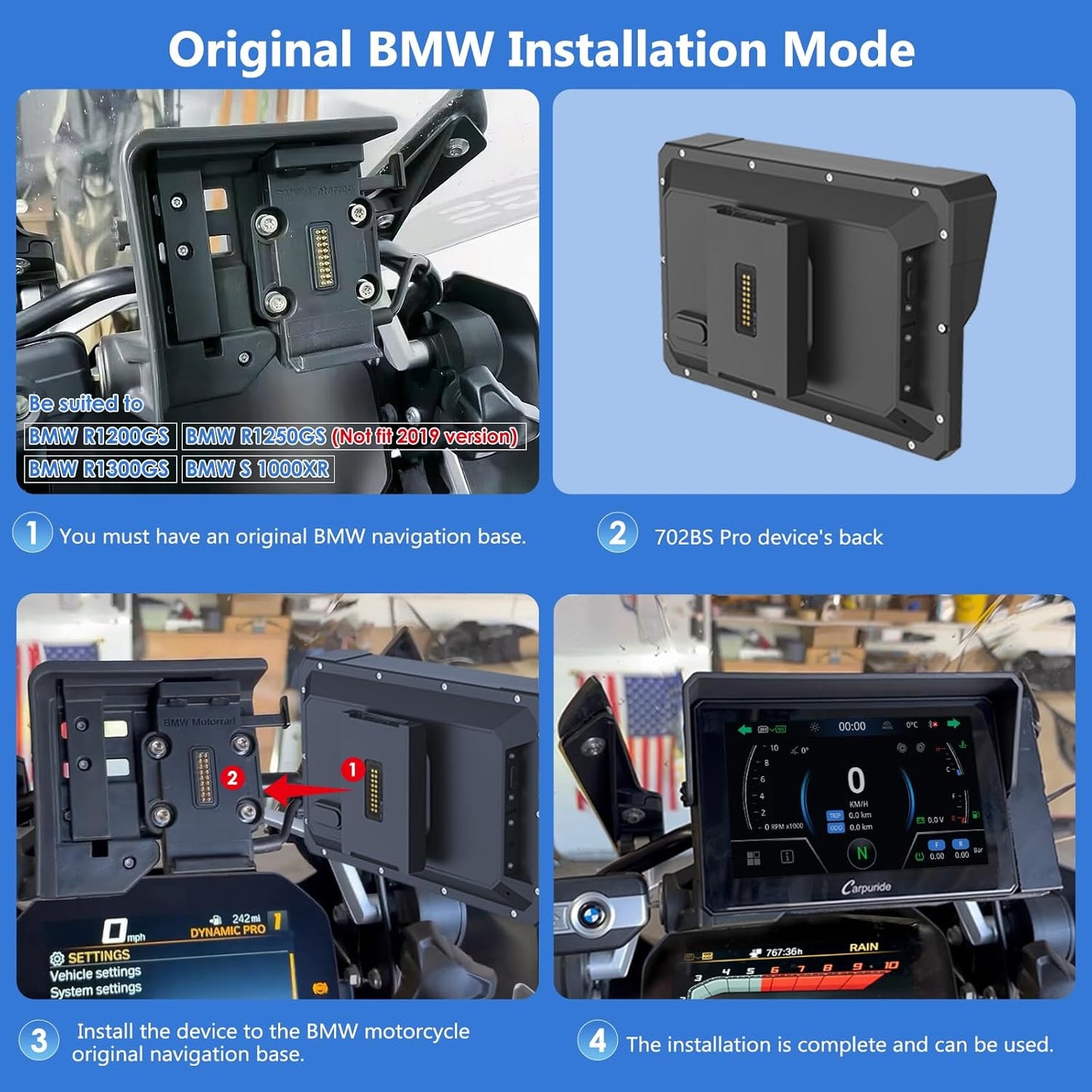 2025 CARPURIDE W702BS PRO for BMW Motorcycle CarPlay & Android Auto Dual Bluetooth, 7" Waterproof GPS Navigation Screen, Data Reading,Native Wonder, TPMS, Light Sensor, Music Sharing, Intercom, 16-Pin