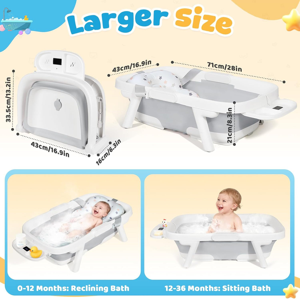 Orzbow Collapsible Baby Bathtub with Cushion & Thermometer, Large Size,Gray