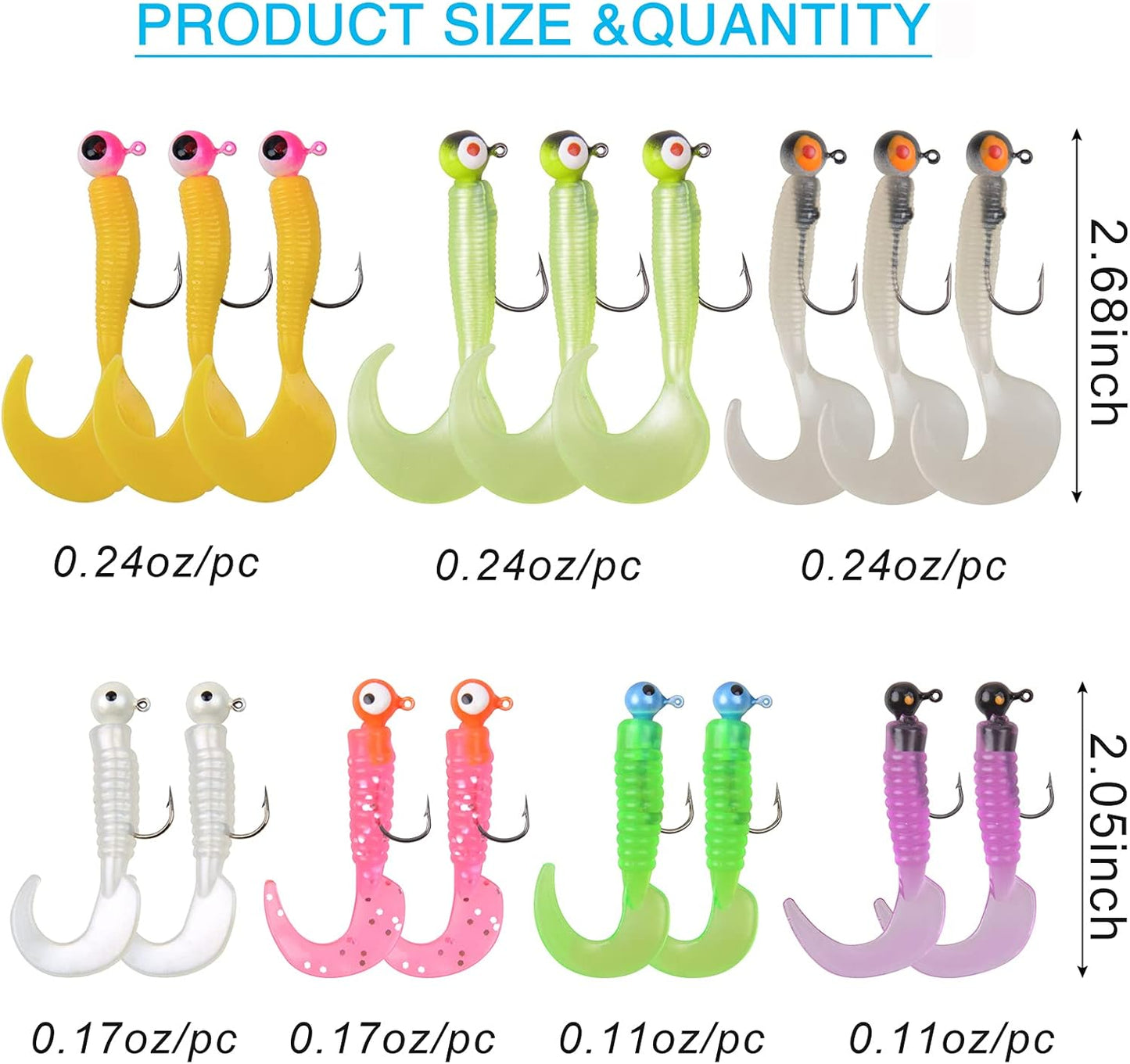 Soft Lures Fishing Jigs Kit, Worm Grub Fishing Lures Jig Head Hooks Kit Grubs Bait Jig Heads Soft Plastic Bait Crappie Jigs Tubes Baits Curved Tail Lure Fishing Lures Kit for Walleye Bass Trout