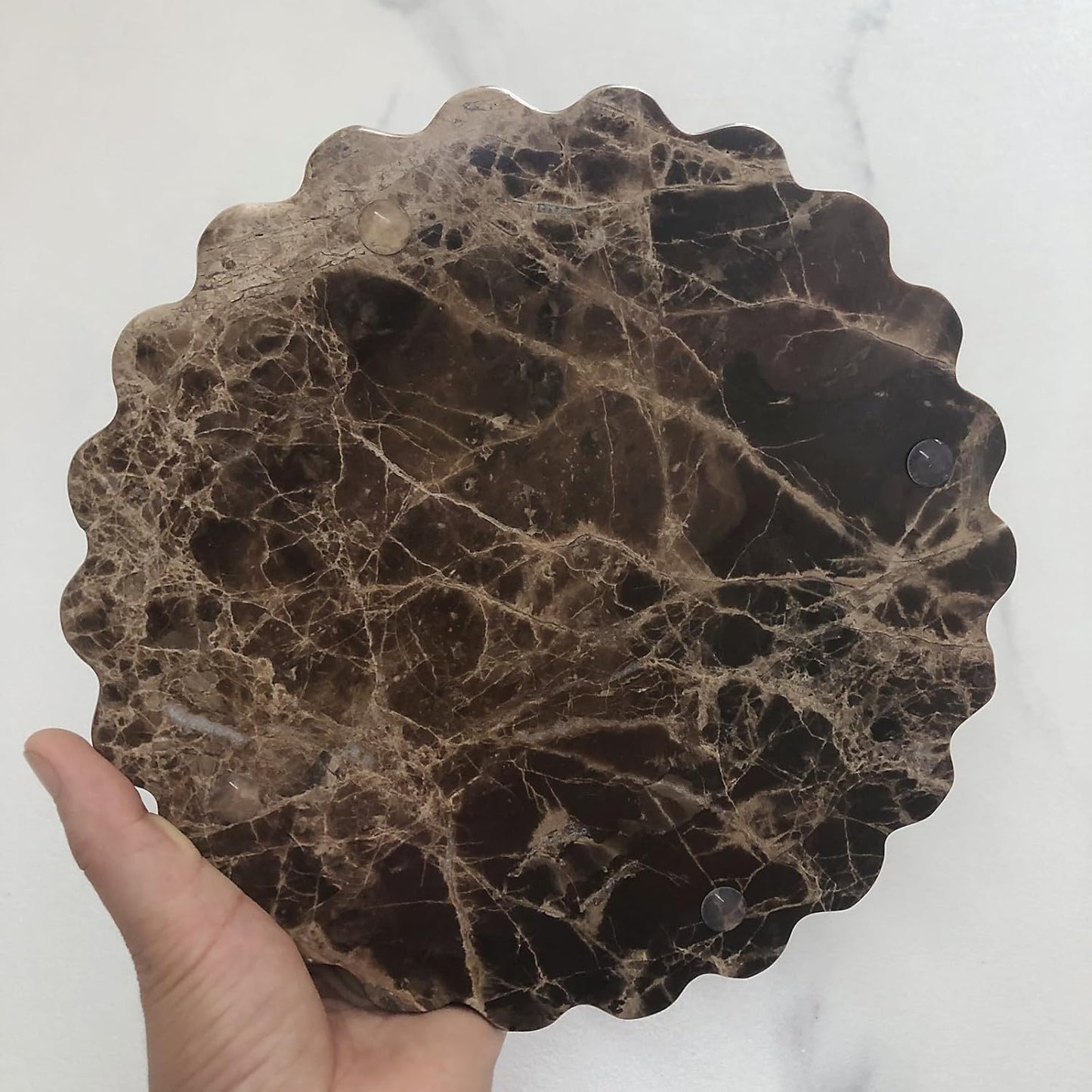 SAIDKOCC Marble Tray Round Scalloped Tray Small Serving Platter for Counter, Bathroom, Kitchen, Nightstand, Jewelry Ring Dish Holder (Coffee Net)