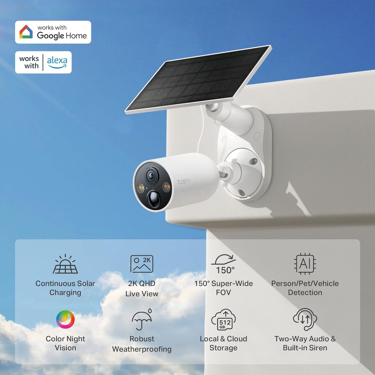 TP-Link Tapo SolarCam 2K, Outdoor Battery Camera w/Solar Panel Base, Wireless Camera, 2K QHD, 150° Super-Wide FOV, Free Person/Vehicle/Pet Detection, SD/Cloud Storage, Starlight Color Night Vision