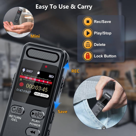 160GB Digital Voice Recorder with Playback, 1100mAh Mini Audio Recording Device for Lecture Interviews, 1536Kbps Voice Activated Recorder with Noise Reduction, Password, External Microphone - PuriLite