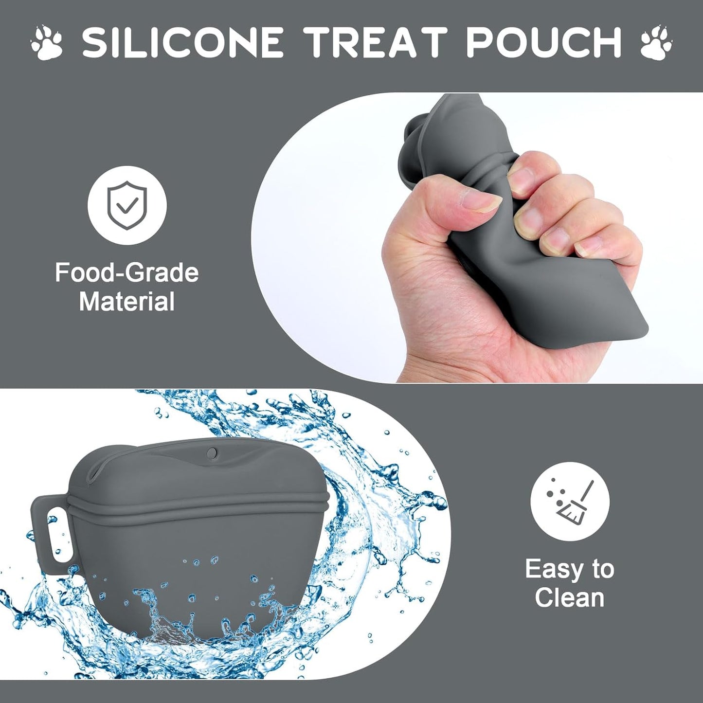 Dog Treat Pouch for Training, Silicone Magnetic Closure Dog Treat Bag Portable Treat Pouch with Belt, Waterproof Small Treat Bag for Dog Training, Dog Walking (Gray)