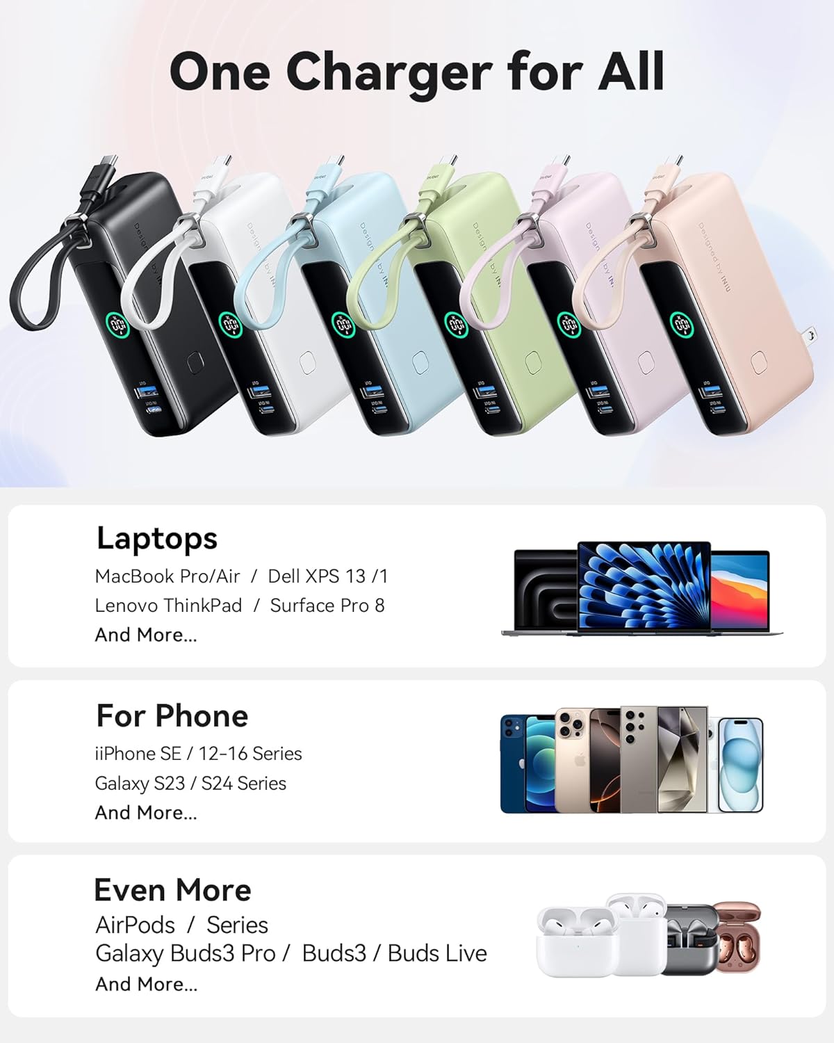INIU 3-in-1 Power Bank, 30W 10000mAh Fast Charging Portable Charger, Built-in USB C Cable and Foldable AC Plug, Travel Outdoor Essentials Powerbank, Battery Pack for iPhone 16 15 Samsung S25 S24 etc