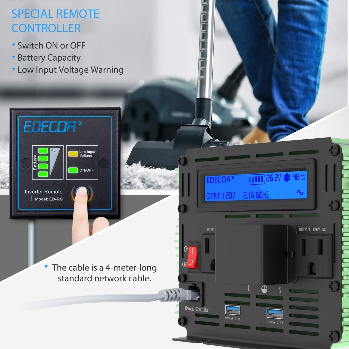 EDECOA 3000 Watt Power Inverter DC 12V to AC 110V 120V 3000W Converter for Car Truck RV with LCD and Dual USB Romte Controller (ETRC Remote)