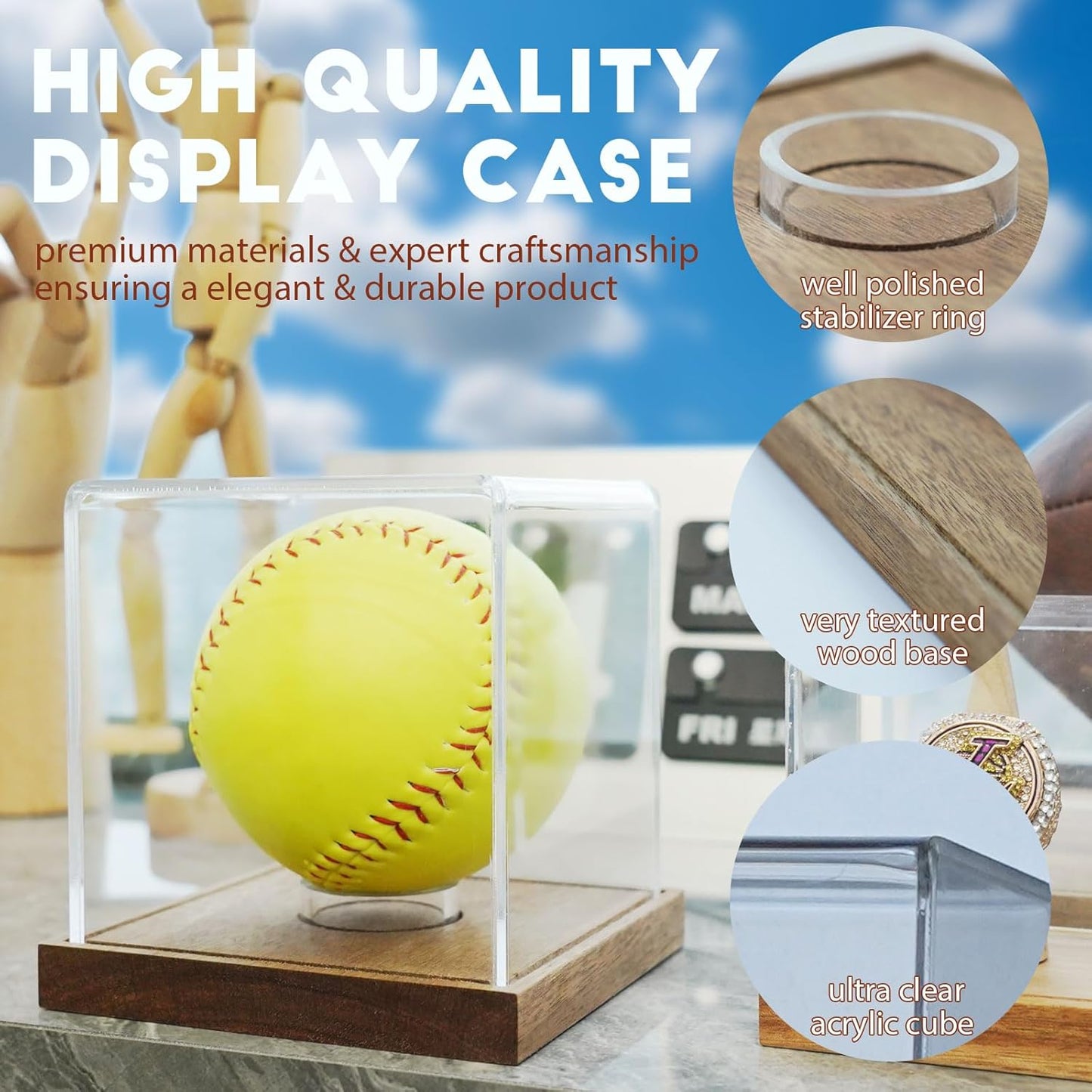 JupDec Baseball Display Case, Clear Cube Baseball Holder with Wooden Base, Autograph Baseball Stand Box for Single Ball, Acacia Wood, Brown, 1 Pack