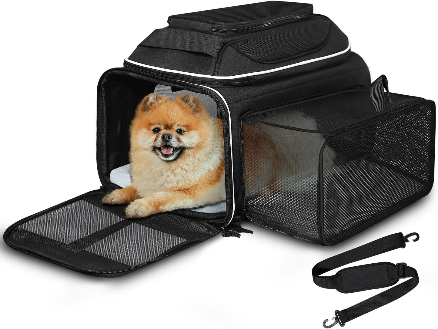 Petskd Top and Side Expandable Pet Carrier 17x12x8.5 Inches JetBlue Frontier Spirit Airline Approved, Soft-Sided Carrier for Small Cats and Dogs with Locking Safety Zipper and Anti-Scratch Mesh(Black)