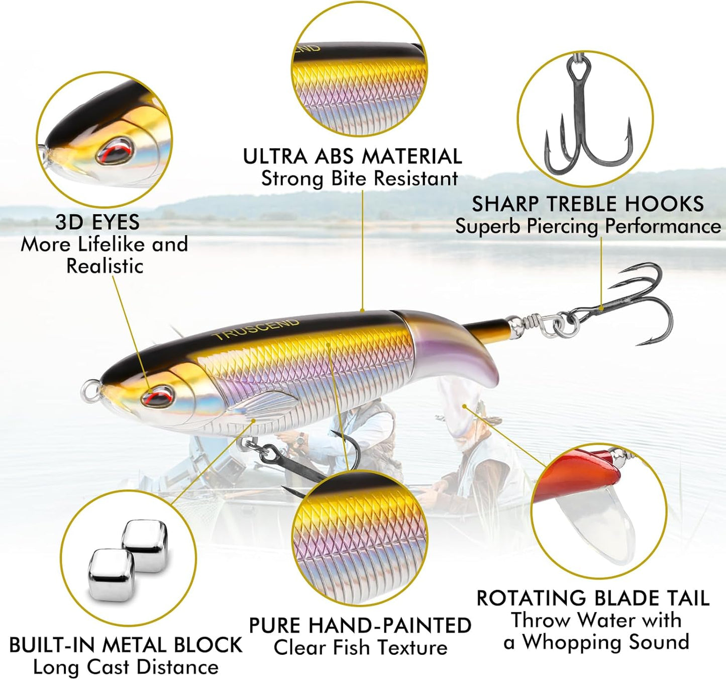 TRUSCEND PoPobait with BKK Hooks, Top Water Plopper Fishing Lures for Bass Walleye Pike Catfish Musky Perch, Floating Lure for Freshwater or Saltwater, Amazing Teasers Fishing Gifts for Family Fishing