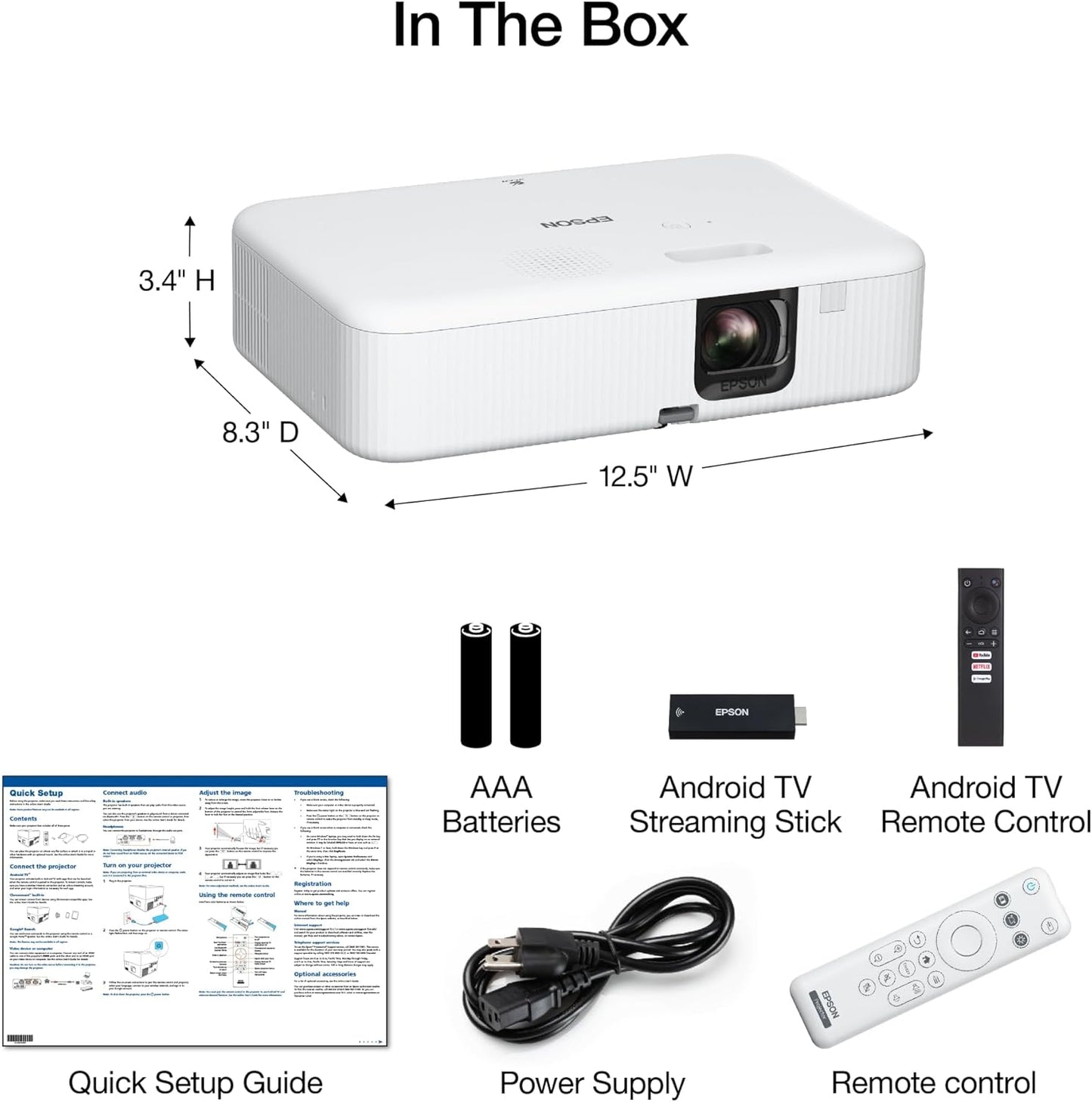 Epson EpiqVision Flex CO-FH02 Full HD 1080p Smart Streaming Portable Projector, 3-Chip 3LCD, 3,000 Lumens Colour/White Brightness, Android TV, Bluetooth, 300-Inch Home Entertainment/Work - White