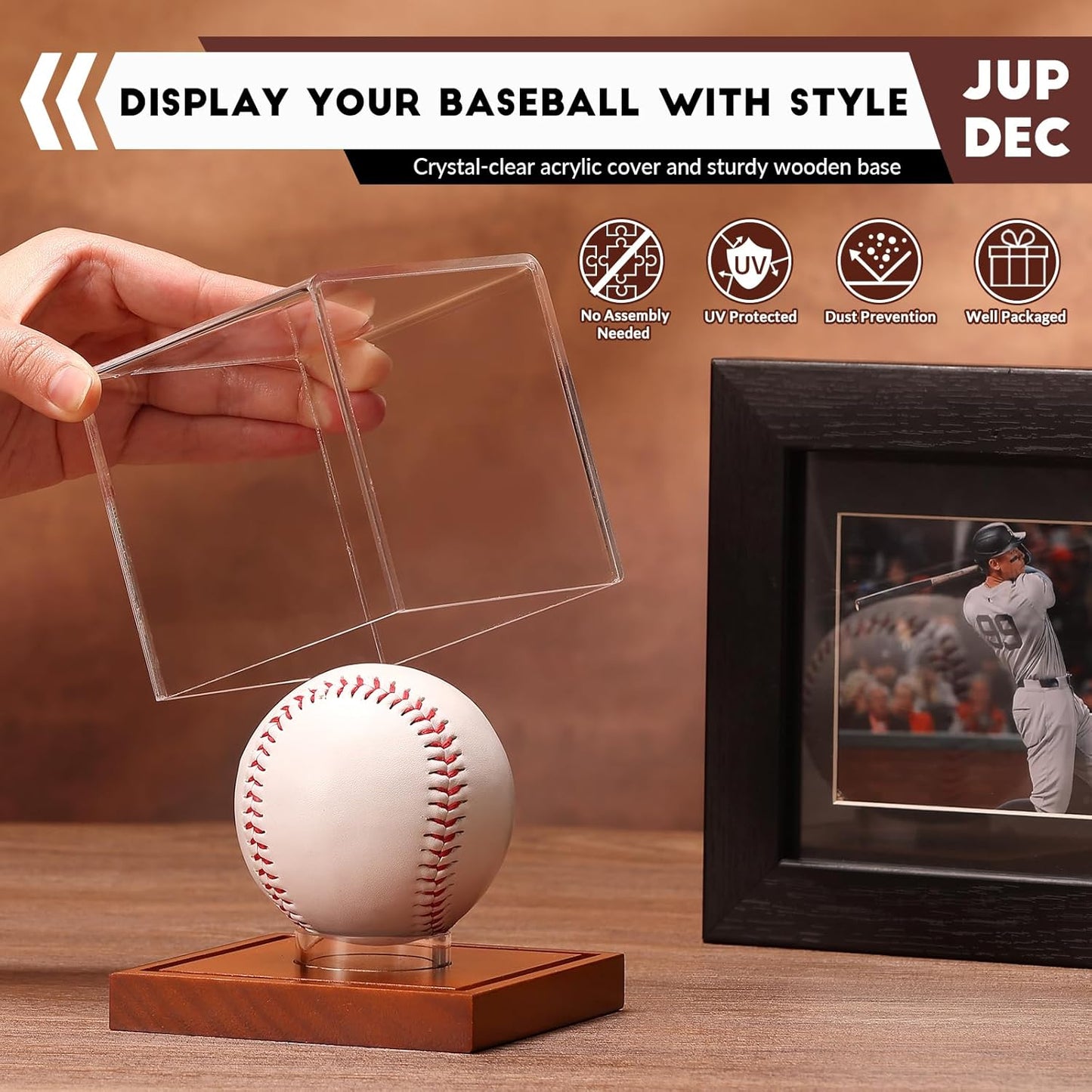 JupDec Baseball Display Case, Clear Cube Baseball Holder with Wooden Base, Autograph Baseball Stand Box for Single Ball, Acacia Wood, Brown, 1 Pack