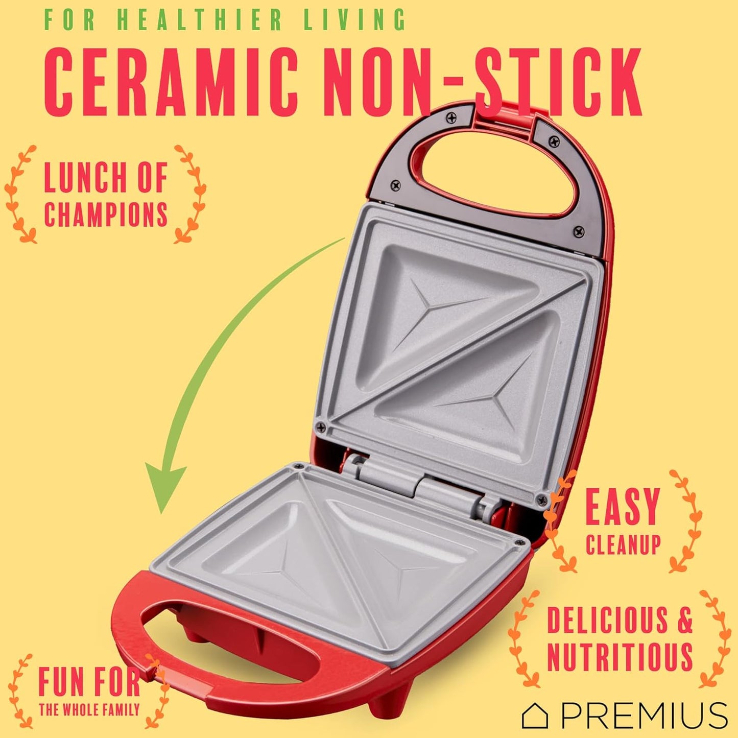 PREMIUS Ceramic NonStick Mini Snack Sandwich Maker, Indicator Light, 5x4.4 Inch Mold, Great for French Toast, Tuna Melt, Egg & Grilled Cheese, Pancake Sandwich, Desserts, Toasties, 520 W (Red)
