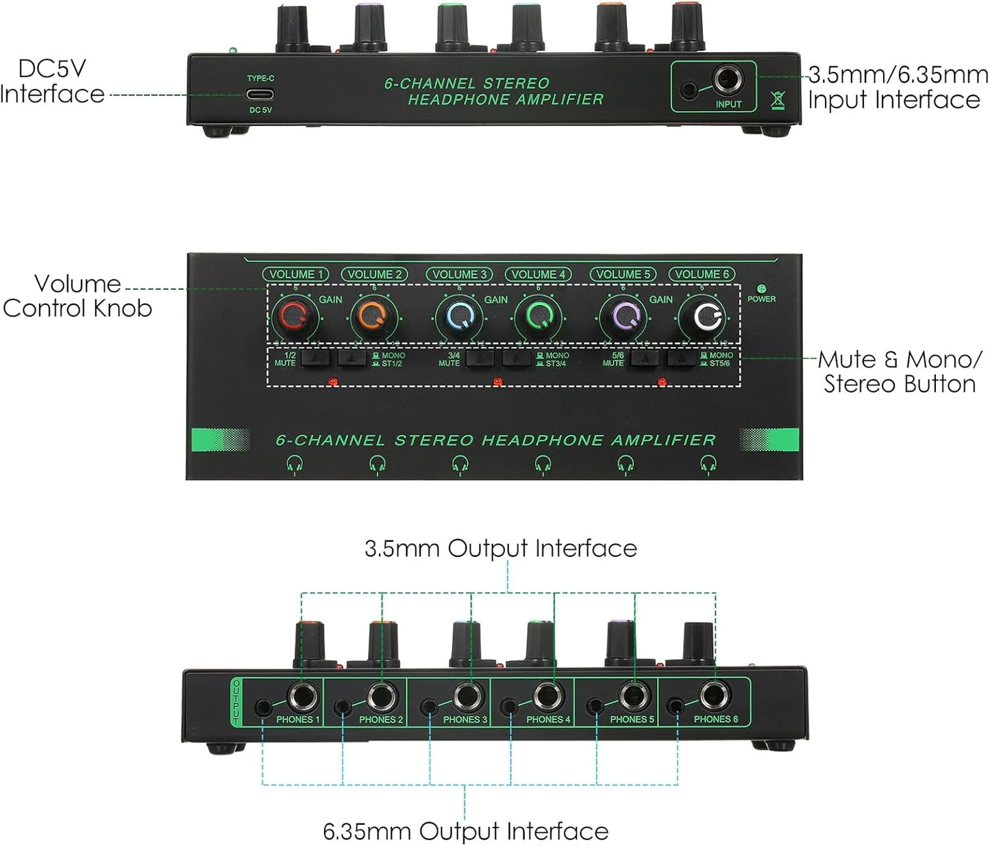 Headphone Amplifier, Headphone Amp 6 Channel Metal Stereo Audio Amplifier Splitter Mini Earphone Splitter