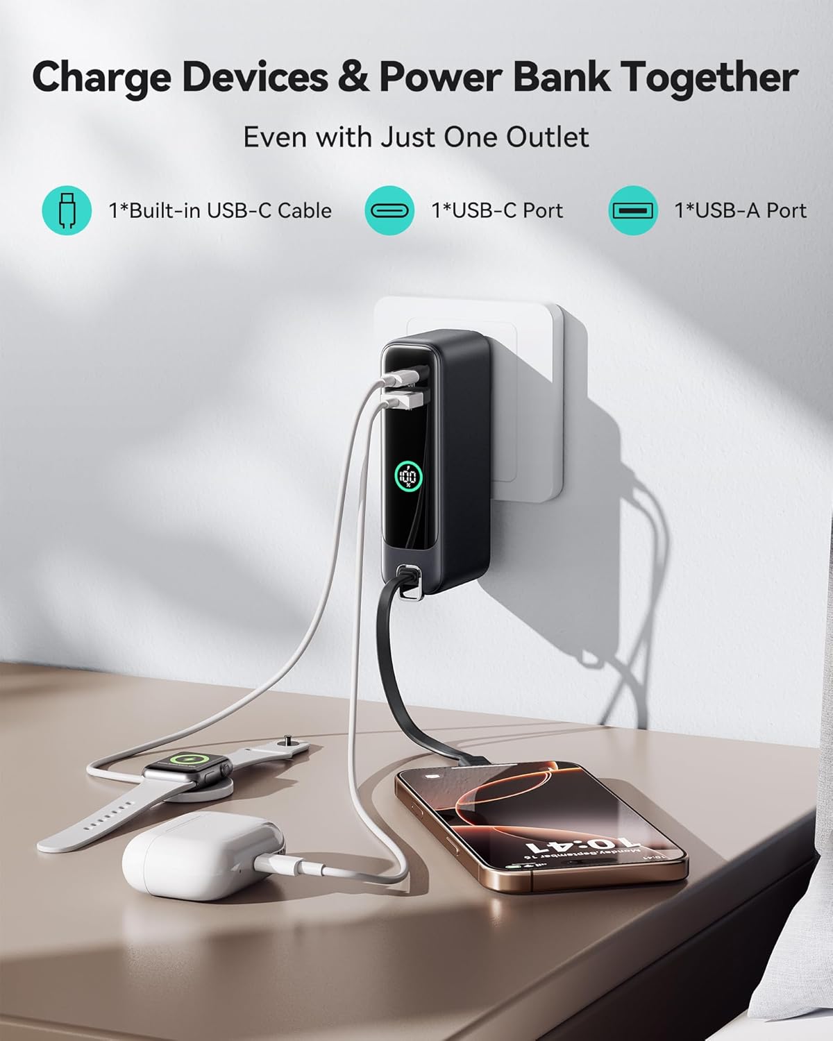 INIU 3-in-1 Power Bank, 30W 10000mAh Fast Charging Portable Charger, Built-in USB C Cable and Foldable AC Plug, Travel Outdoor Essentials Powerbank, Battery Pack for iPhone 16 15 Samsung S25 S24 etc
