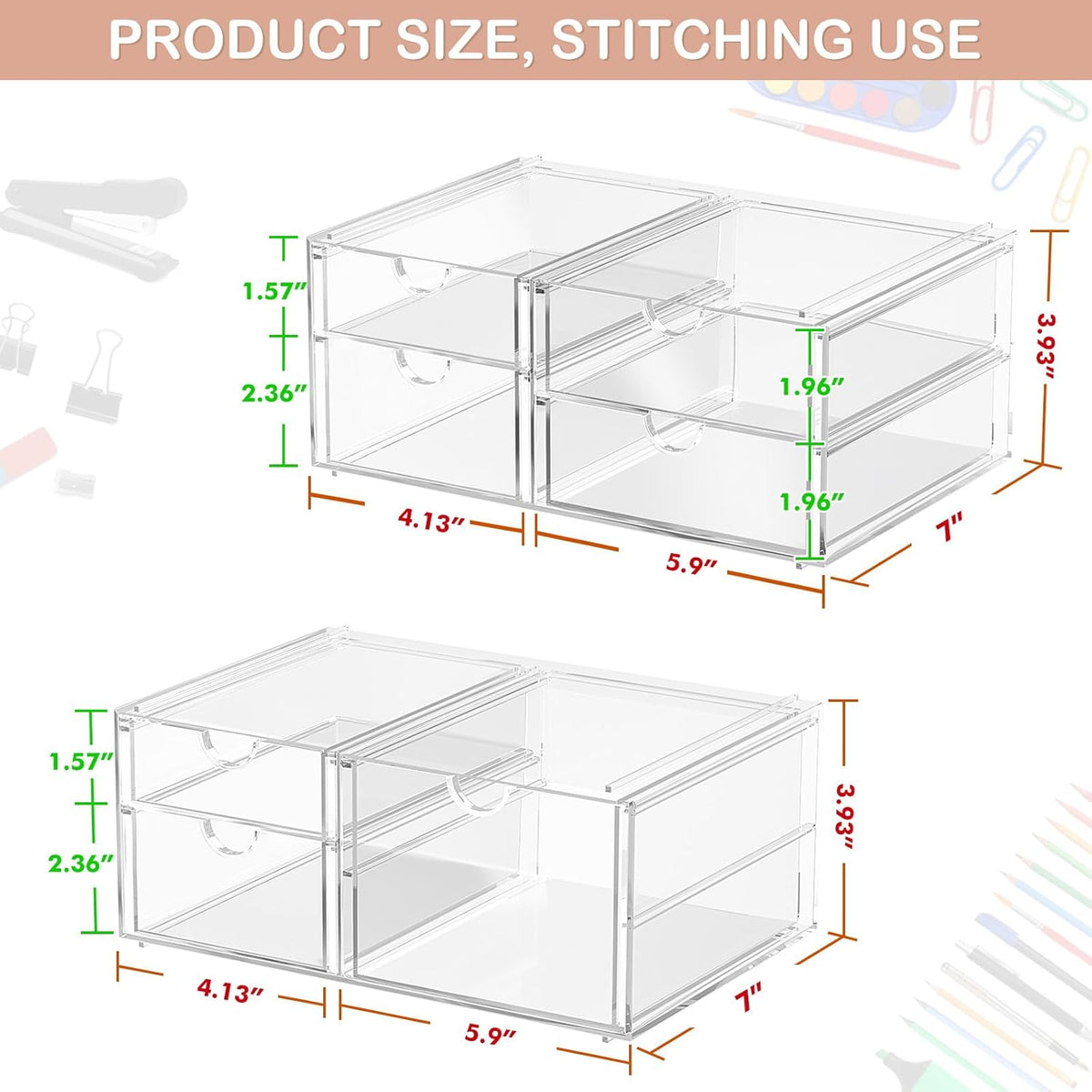 2 Pack Desk Organizers, Makeup Organizer Storage With 7 Drawers, Desktop Office Supplies, Clear Desk Accessories, Dustproof Drawer Organizer and Storage for Make Up, Jewelry, Pen, Desktop Stationary
