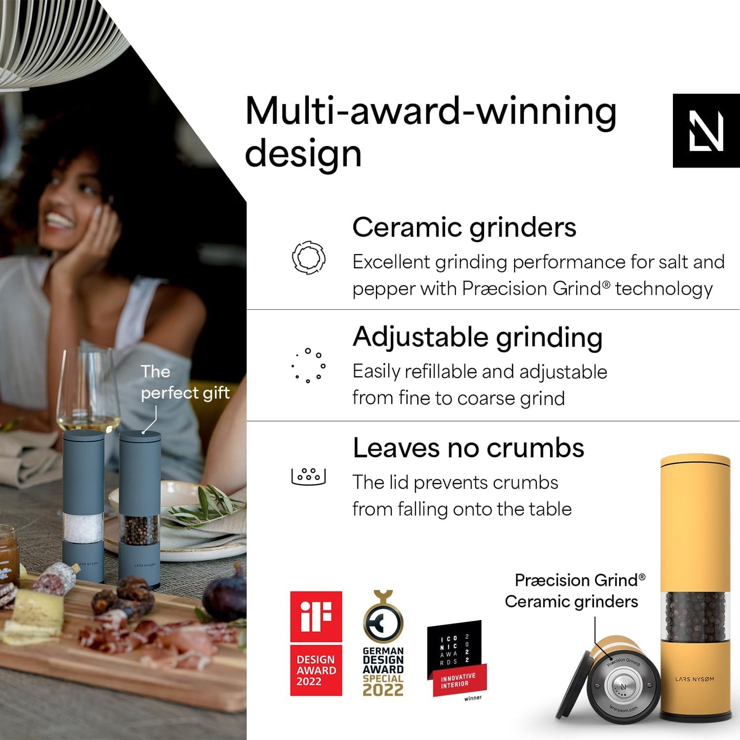 LARS NYSØM Salt and Pepper Mills Set Stainless Steel with Adjustable Ceramic Grinder 2 Pieces I Design Spice Mills Set Manual (Mustard Yellow)