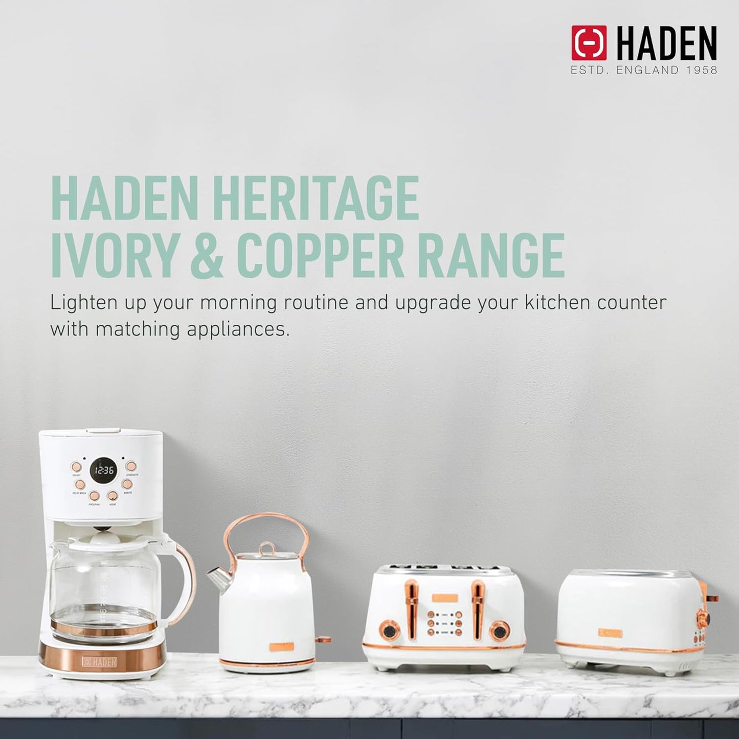 Haden 75041 Heritage 1.7 Liter (7 Cup) Stainless Steel Electric Kettle with Auto Shut-Off and Boil Dry Protection, Black/Copper