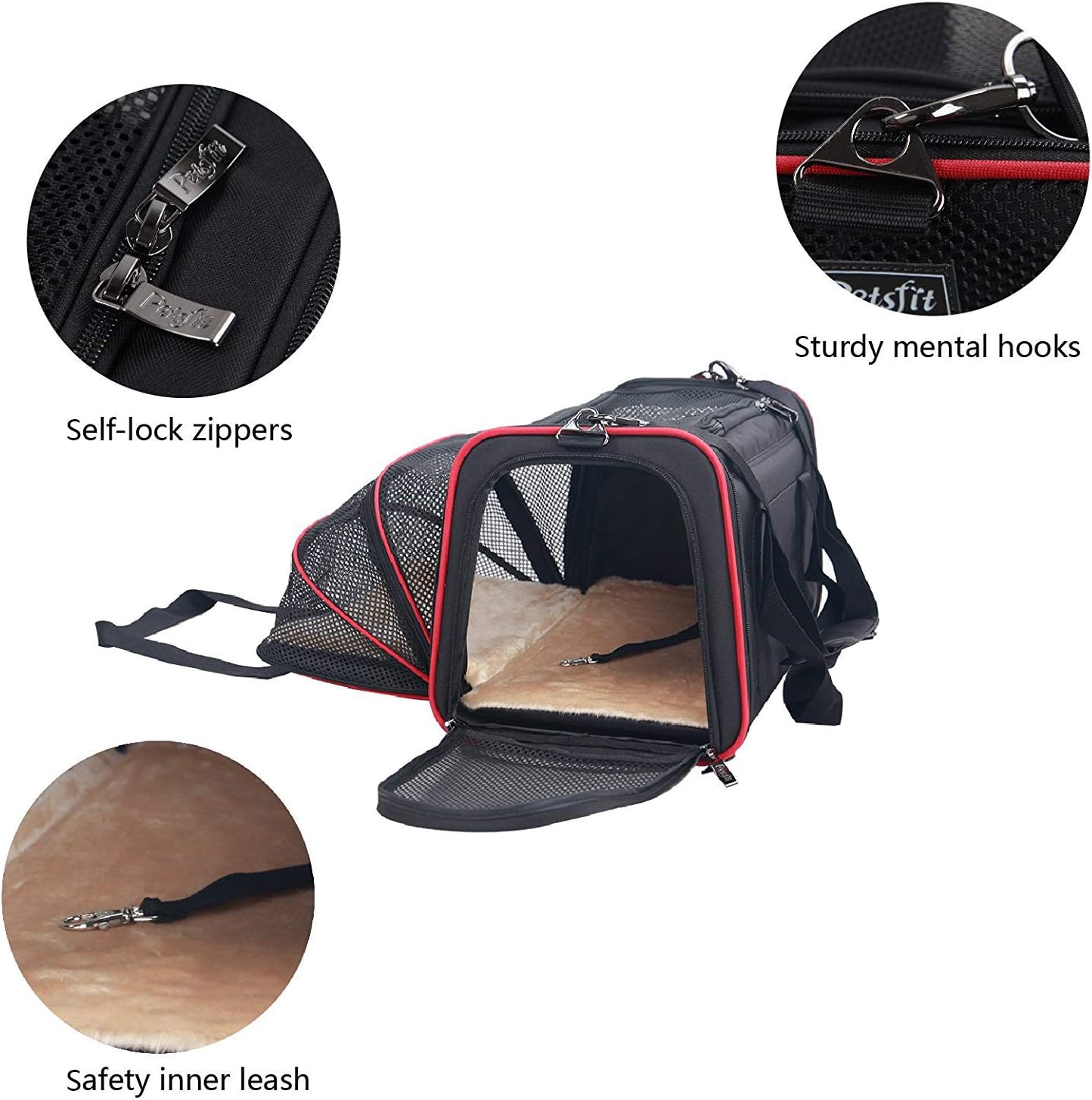 Petsfit Expandable Cat Dog Carrier Airline Approved, 17" L x 11" W x 11" H Soft-Sided Portable Pet Travel Carrier for Kitten, Puppy, Removable Soft Plush Mat and Pockets, Auto-Locking Zippers