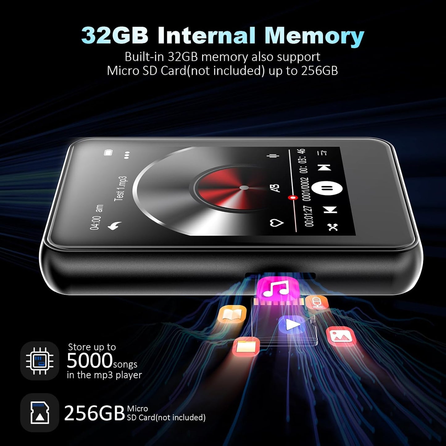 32GB MP3 Player with Bluetooth,Portable Digital Music MP3 MP4 Player for Music Lover with Voice Record FM Radio Alarm Stopwatch Built-in HD Speaker with 2.4'' Full Touch Screen and Super Light (Black)