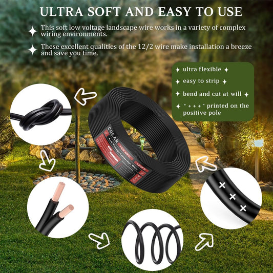 Cocar 12/2 Landscape Lighting Wire 120FT, 12 AWG Low Voltage Outdoor Direct Burial Cable, 2-Conductor Wire for Park, Yard, and Landscape LED Lighting Systems