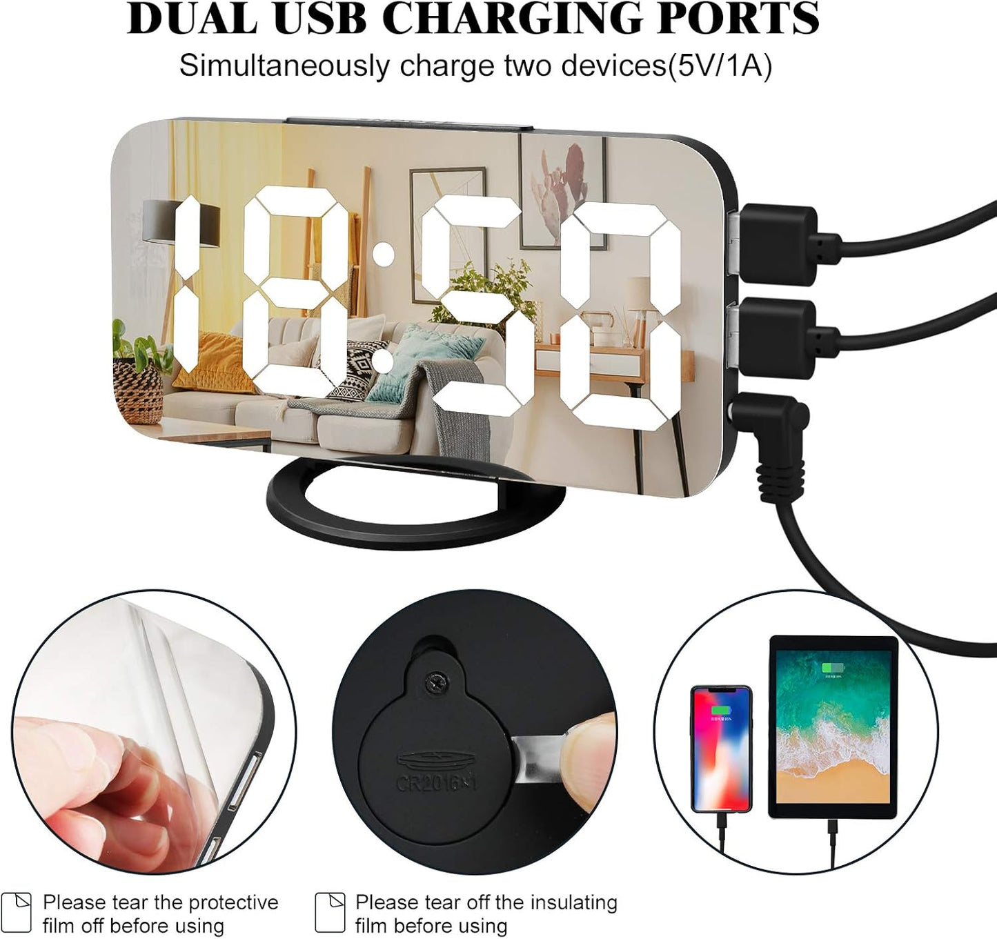 Digital Alarm Clock,Large LED Mirror Display, 2 USB Charging Ports,Auto Dim Mode,Modern Design Clock for Bedroom Office, White