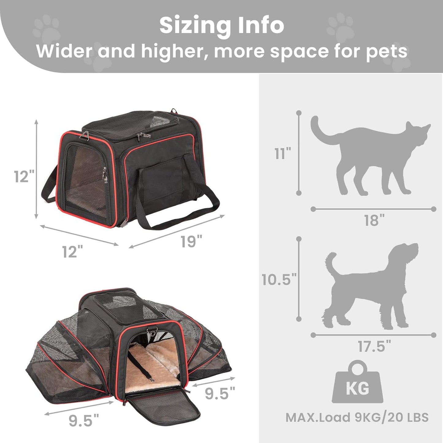 Petsfit Expandable Cat Dog Carrier Airline Approved, 17" L x 11" W x 11" H Soft-Sided Portable Pet Travel Carrier for Kitten, Puppy, Removable Soft Plush Mat and Pockets, Auto-Locking Zippers