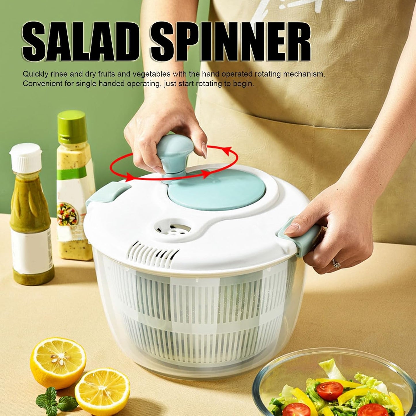 Salad Spinner Vegetable Dryer Lettuce Spinner 5L Large Capacity Fruit Washing Bowl with Strainer Manual Water Drainage Multi Purpose Kitchen Tool
