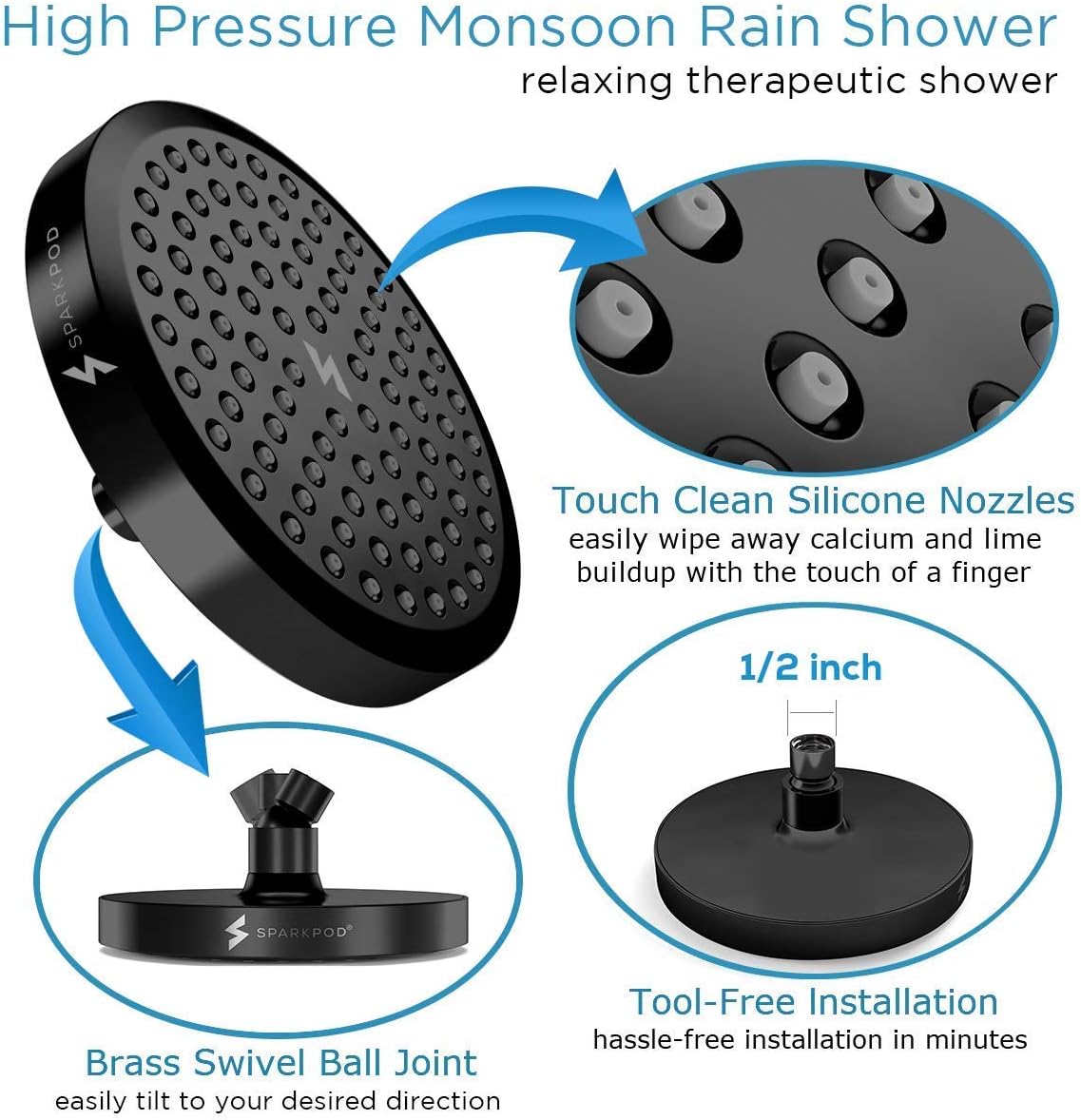 SparkPod Shower Head - High Pressure Rain - Premium Quality Luxury Design - 1-Min Install - Easy Clean Adjustable Replacement for Your Bathroom Shower Heads (Luxury Polished Chrome, 6 Inch Round)