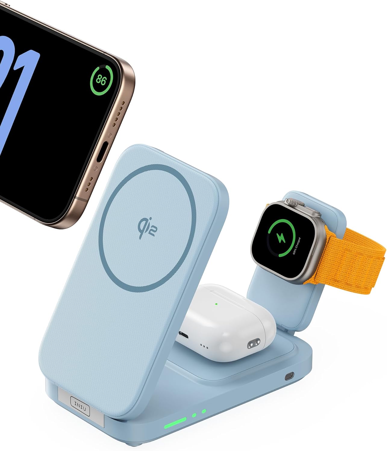 INIU 3 in 1 Wireless Charging Station, Qi2 Certified 15W Travel Charger for Apple Multiple Devices, Foldable Charger Stand for iPhone 16 15 14 13 12 Series Apple Watch AirPods (with Adapter)