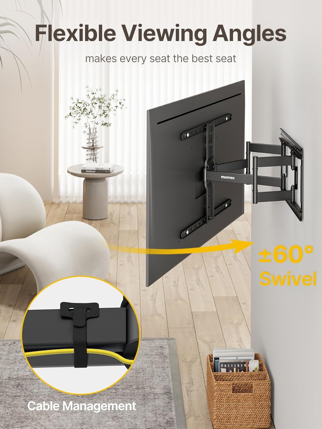 monTEK Ultra Slim TV Wall Mount for Most 43-90 inch TVs, 1.1" Thin Low Profile TV Bracket, Full Motion TV Mount Dual Swivel Articulating Tilt 6 Arms, Max VESA 600x400mm, Up to 132lbs, 16"/18" Studs