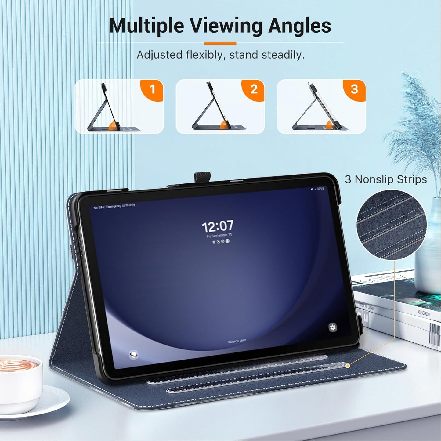 MoKo Case for Samsung Galaxy Tab A9 Plus 11" 2023 (SM-X210/SM-X216/SM-X218), PU Leather Multi-Angle Viewing Folding Stand Cover Case with Hand Strap, Front Pocket, Auto Wake/Sleep, Denim Blue & Brown