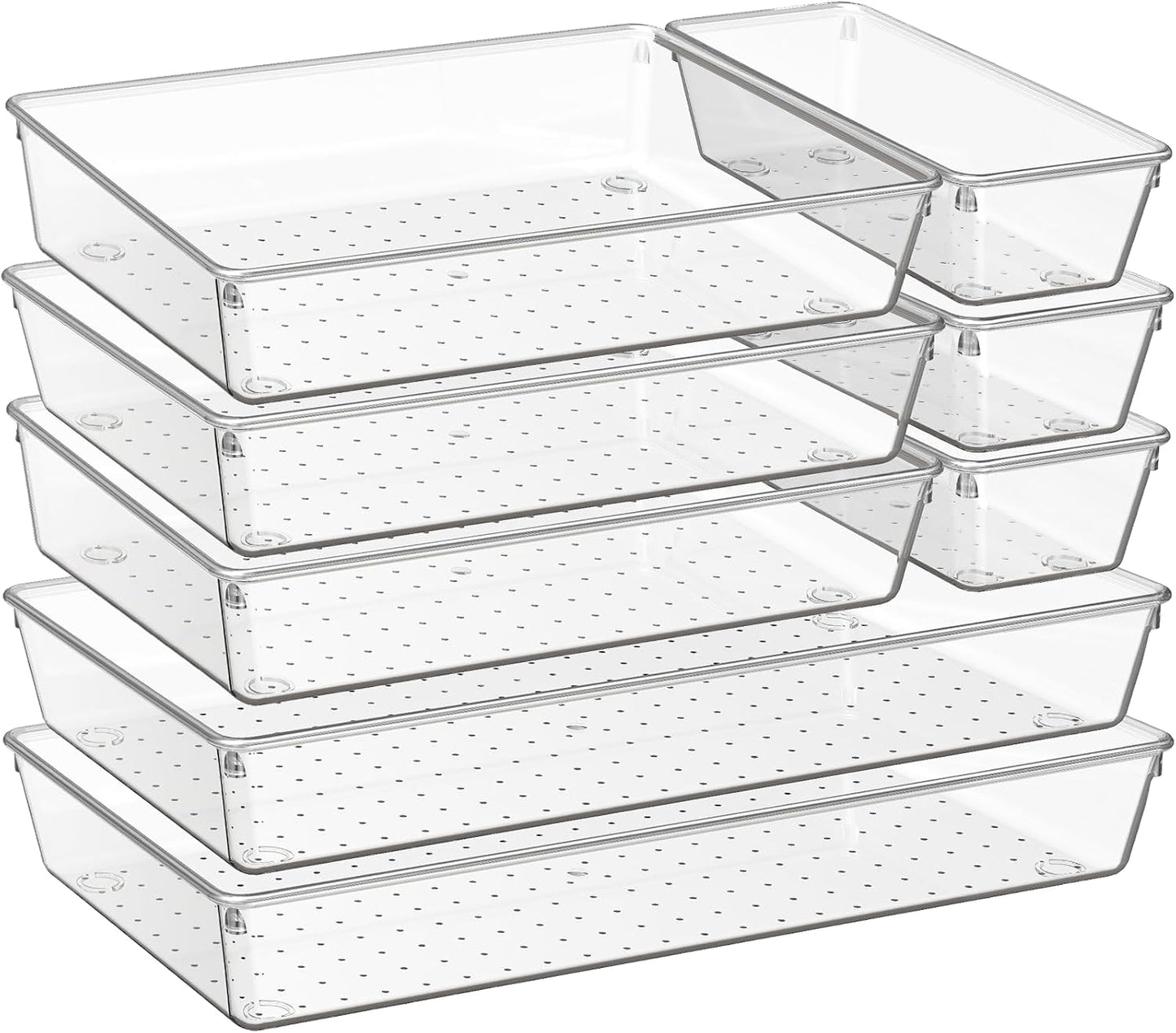 Criusia Large Drawer Organizer Bins 26 Pack | Complete 5 Size Clear Plastic Kitchen Drawer Organizers for Utensils | Bathroom Drawer Organizer Trays | Versatile for Makeup Office Organization