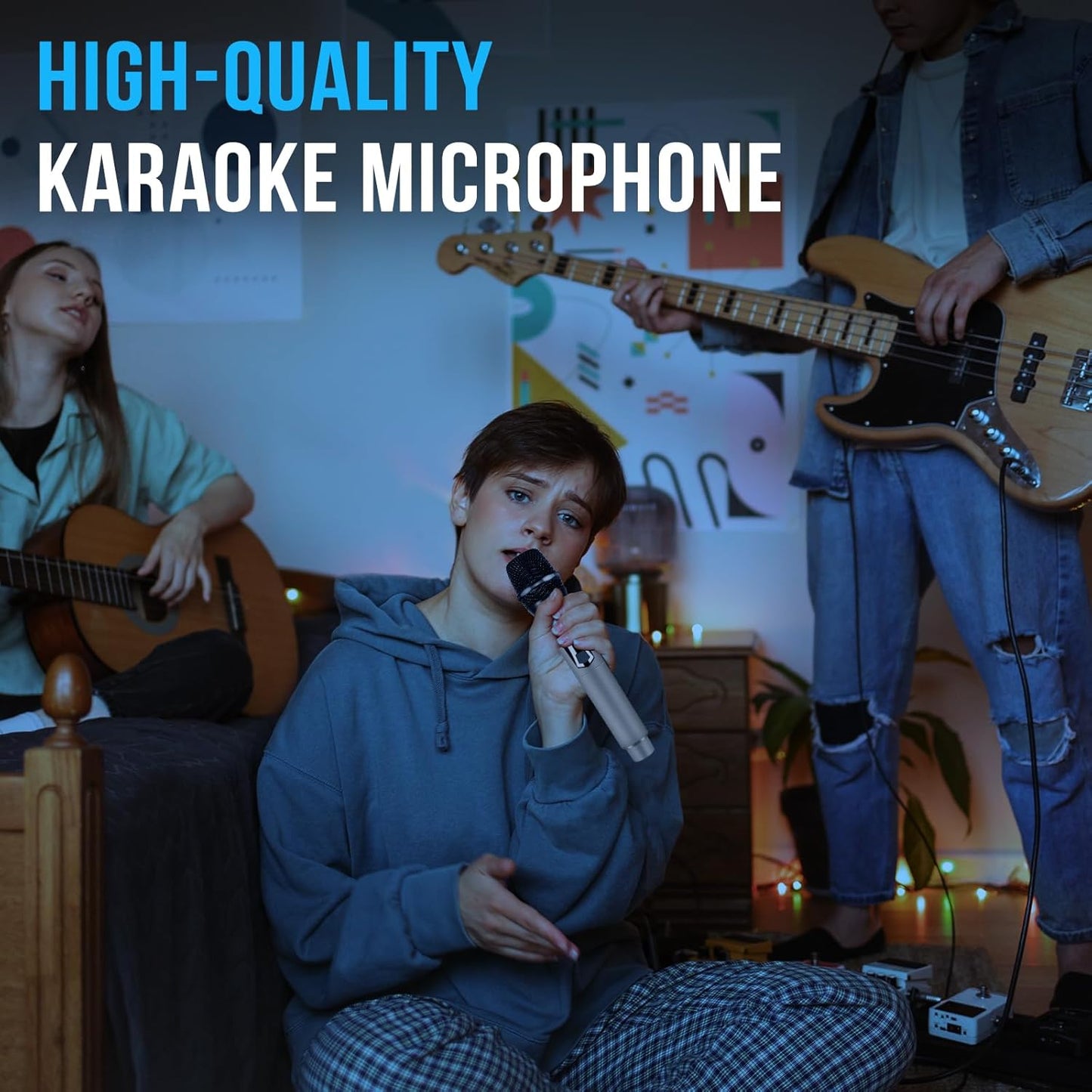 NEWBAXS Wireless Microphones,Dual Karaoke Microphone System,Microfonos Inalambricos with Rechargeable Receiver, Cordless Dynamic Mic Set for Singing, Wedding, DJ, Party, Speech,Micro Matte Gray