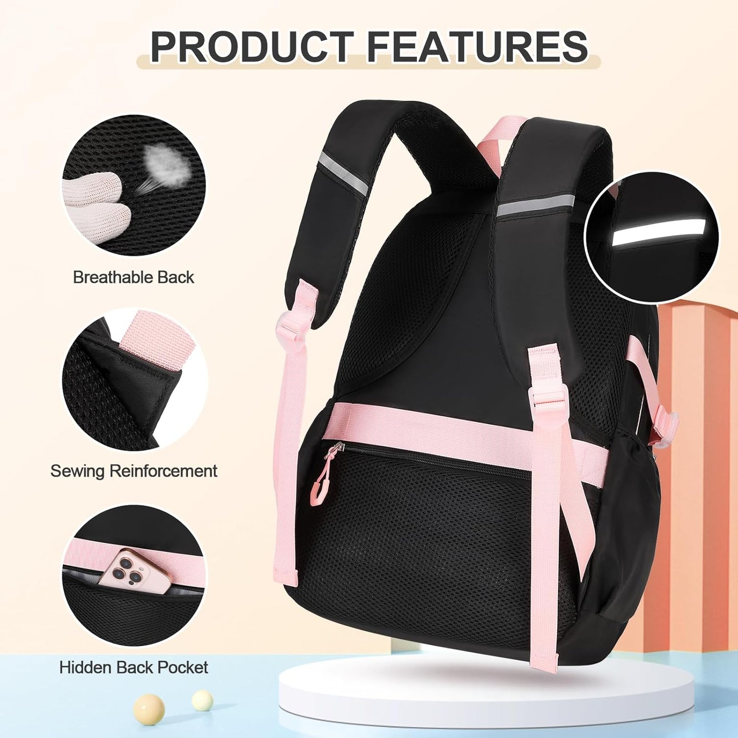 3PCS School Backpack for Girls with Lunch Box Pencil Pouch for Teen Girls Children Elementary Primary Middle High College Daypack School bag Bookbag Set Pink