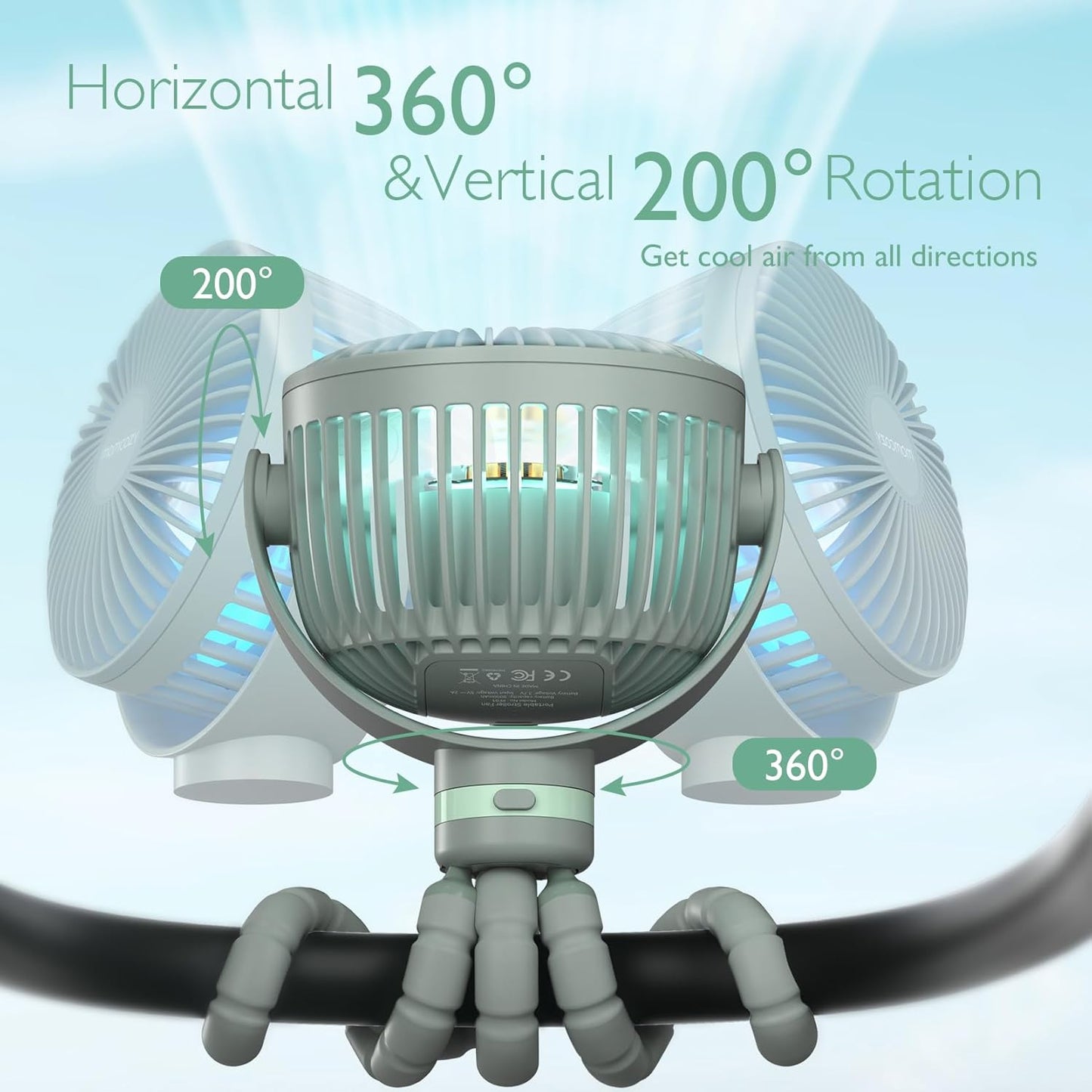 Momcozy Portable Stroller Fan, 27H Ultra-long Battery Life, Detachable 4 Speed 360°Rotate, LED Night Light with 2 Modes, USB Rechargeable and Handheld Cooling Fan for Travel, Car Seat