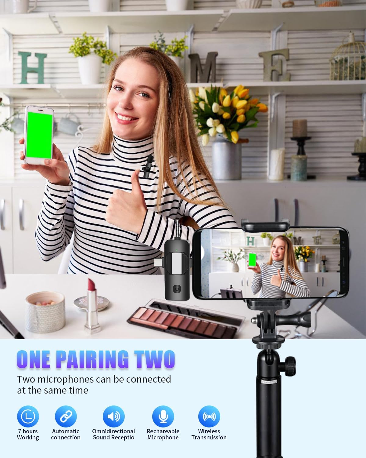 Wireless Lavailer Microphone for iPhone, Android, Camera, iPad, USB C, 4 in 1 Professional Mini Microphone with Noise Reduction, Wireless Mic for Video Recording, Vlog, YouTube, TikTok