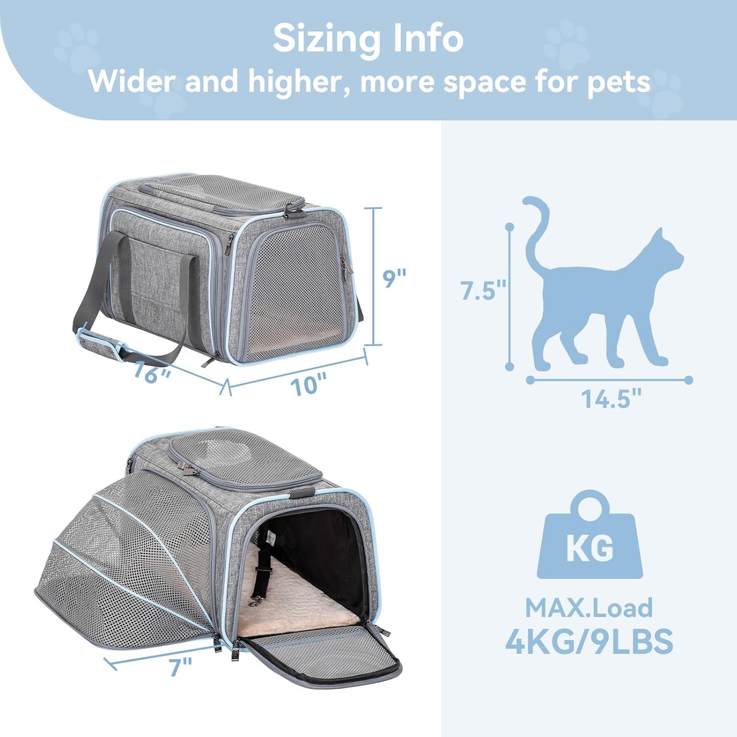 Petsfit Expandable Cat Dog Carrier Airline Approved, 17" L x 11" W x 11" H Soft-Sided Portable Pet Travel Carrier for Kitten, Puppy, Removable Soft Plush Mat and Pockets, Auto-Locking Zippers